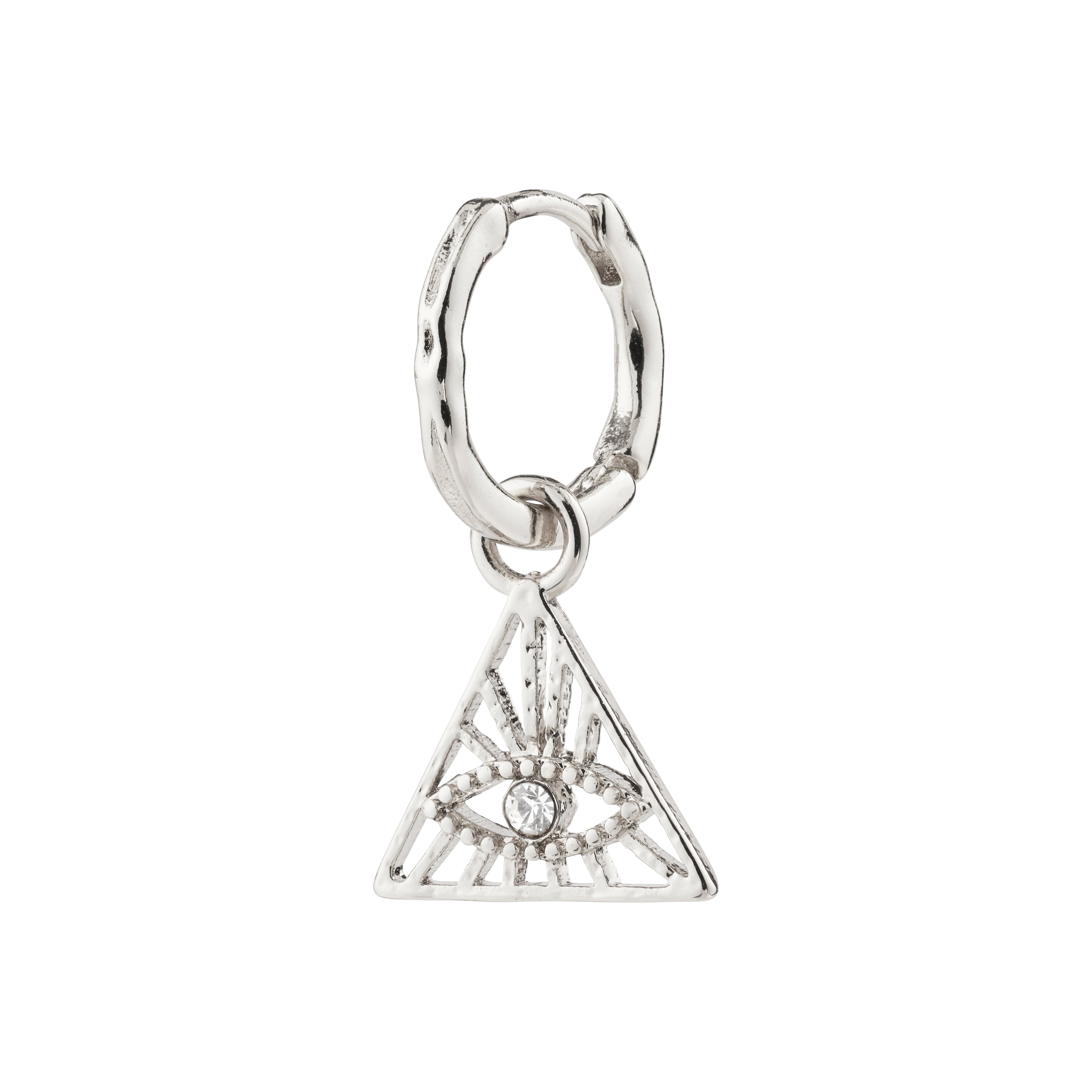 SIBYLLA single earring silver-plated, featuring an all-seeing eye motif within a triangle, adorned with Preciosa crystals, crafted from recycled material.