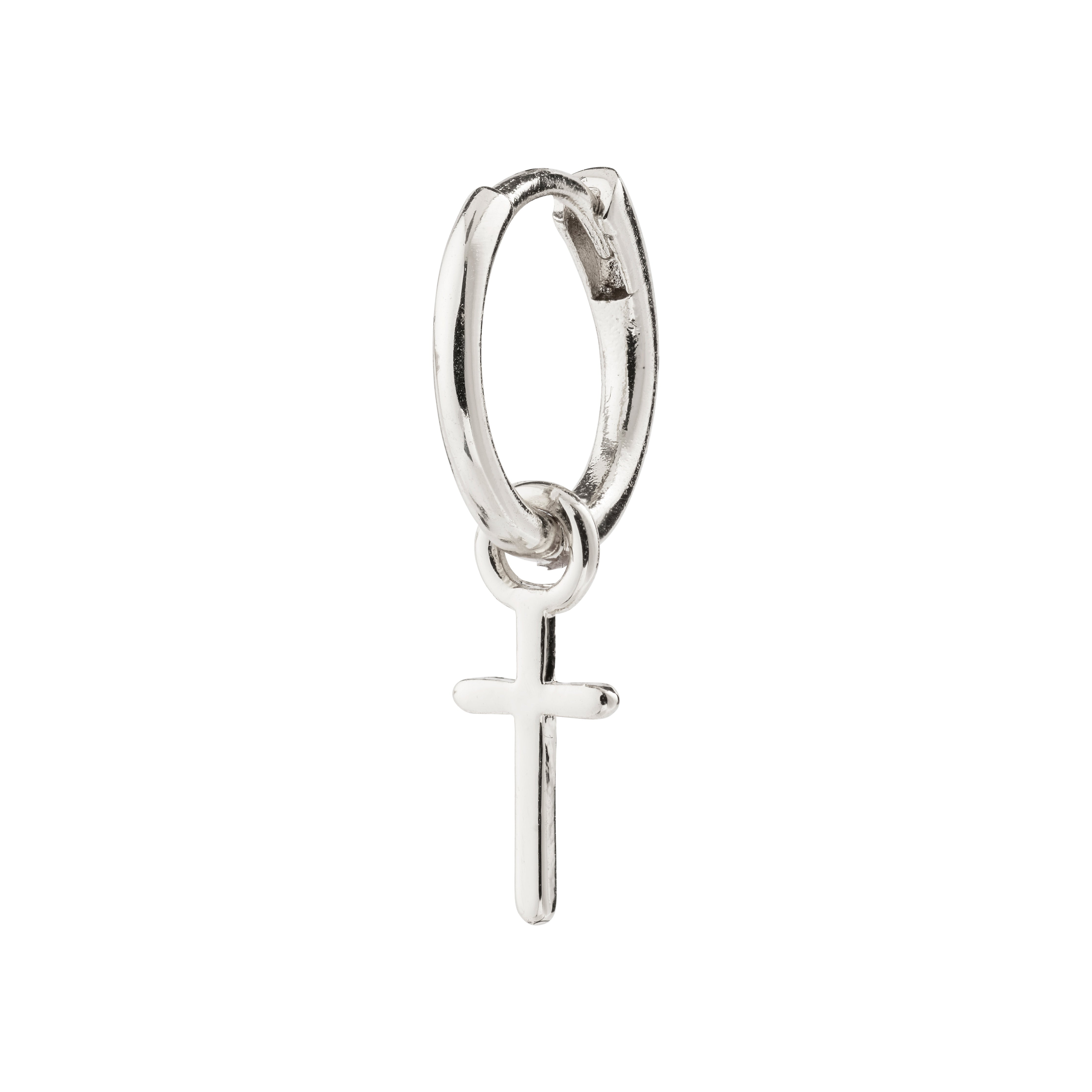XENAIA single earring silver-plated, featuring a sleek cross pendant on a small hoop with a shiny finish and click clasp. Made from 99% recycled material.