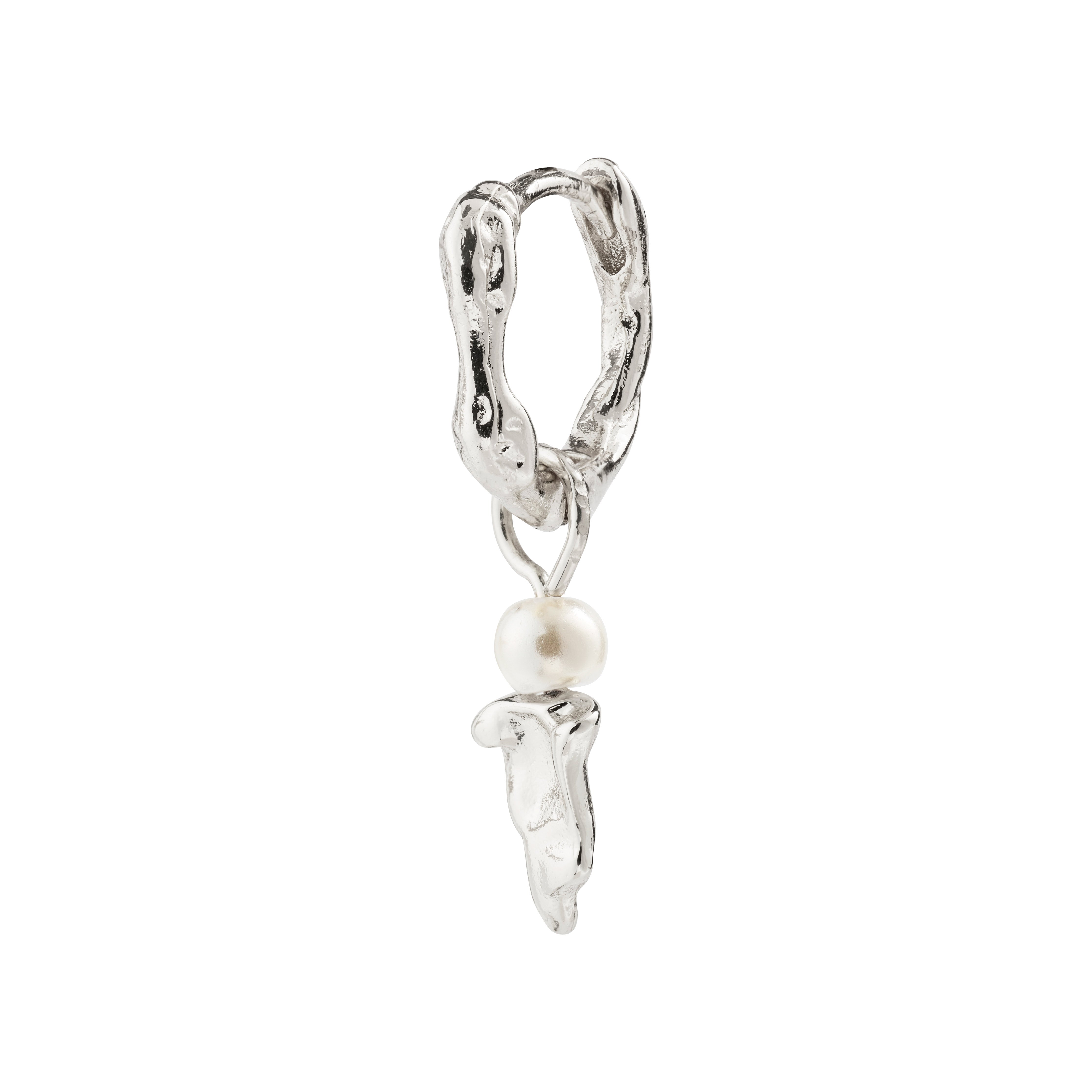VASILKI single earring silver-plated, featuring a delicate hoop with an organic silver pendant and a tiny mother-of-pearl glass bead, perfect for versatile styling.