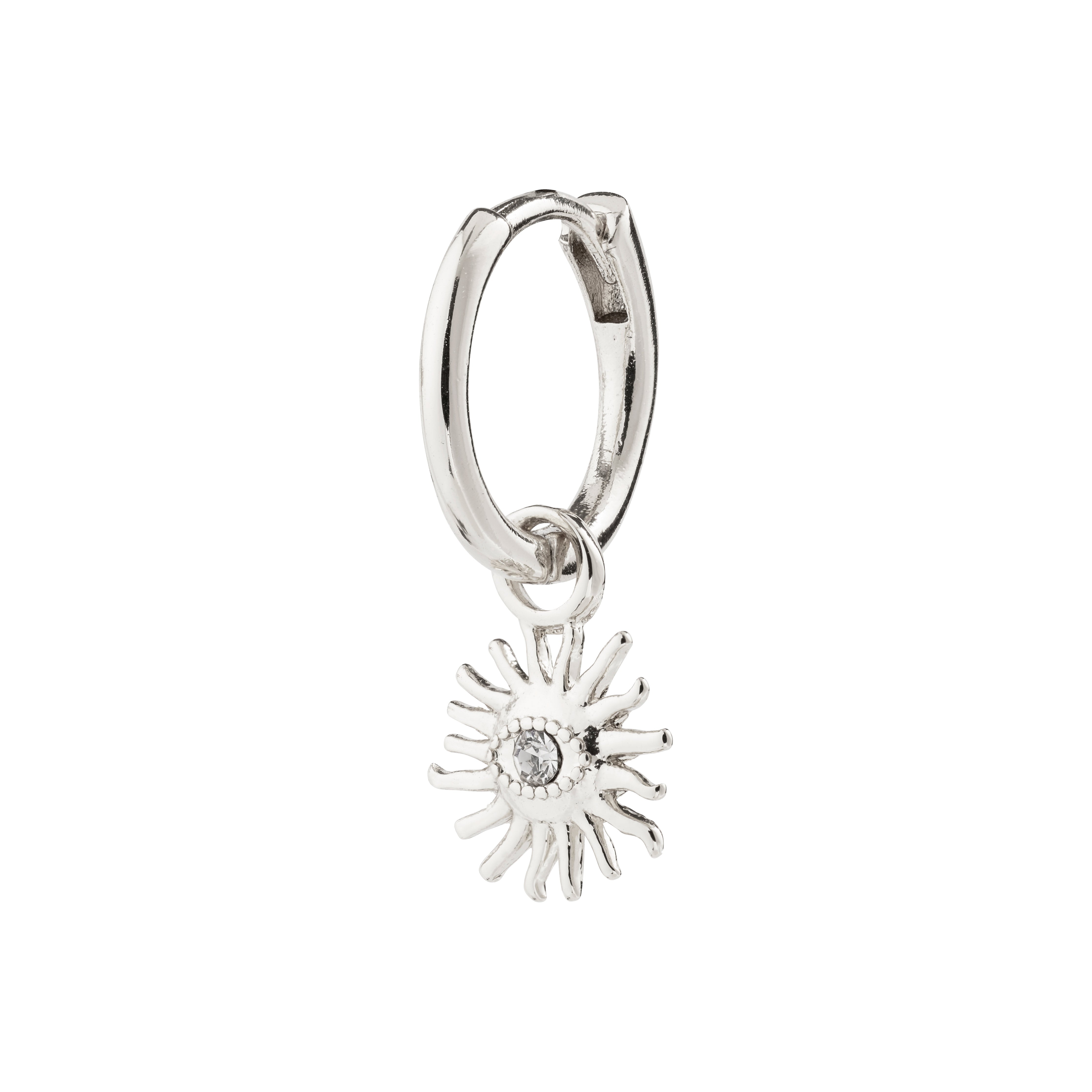 TITANIA single earring, silver-plated, featuring a sun pendant with a Preciosa crystal, offering a boho vibe with its elegant hoop design.