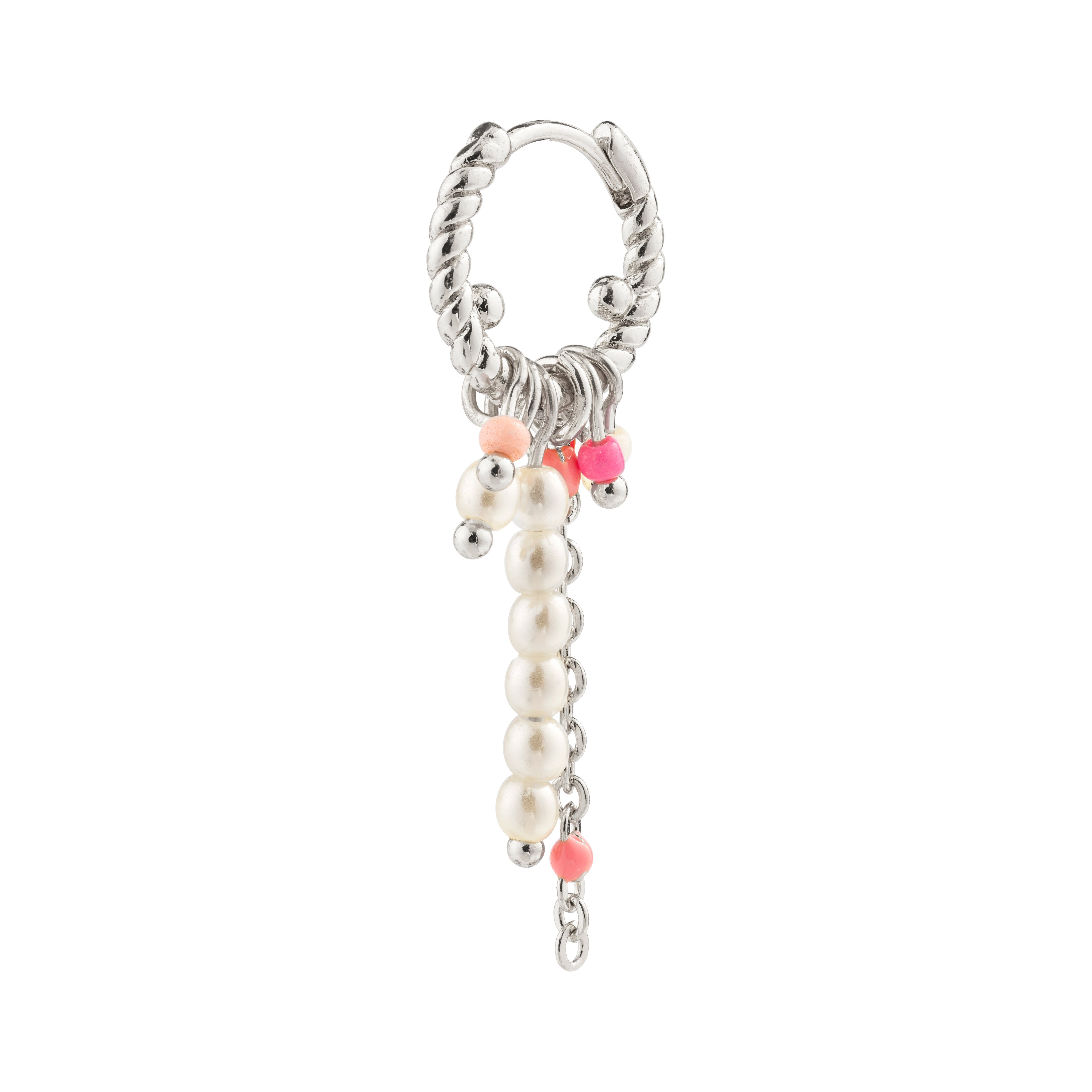 TEKLA single earring silver-plated, features romantic white and pink pearl pendants, offering a playful, summery lux-boho vibe.