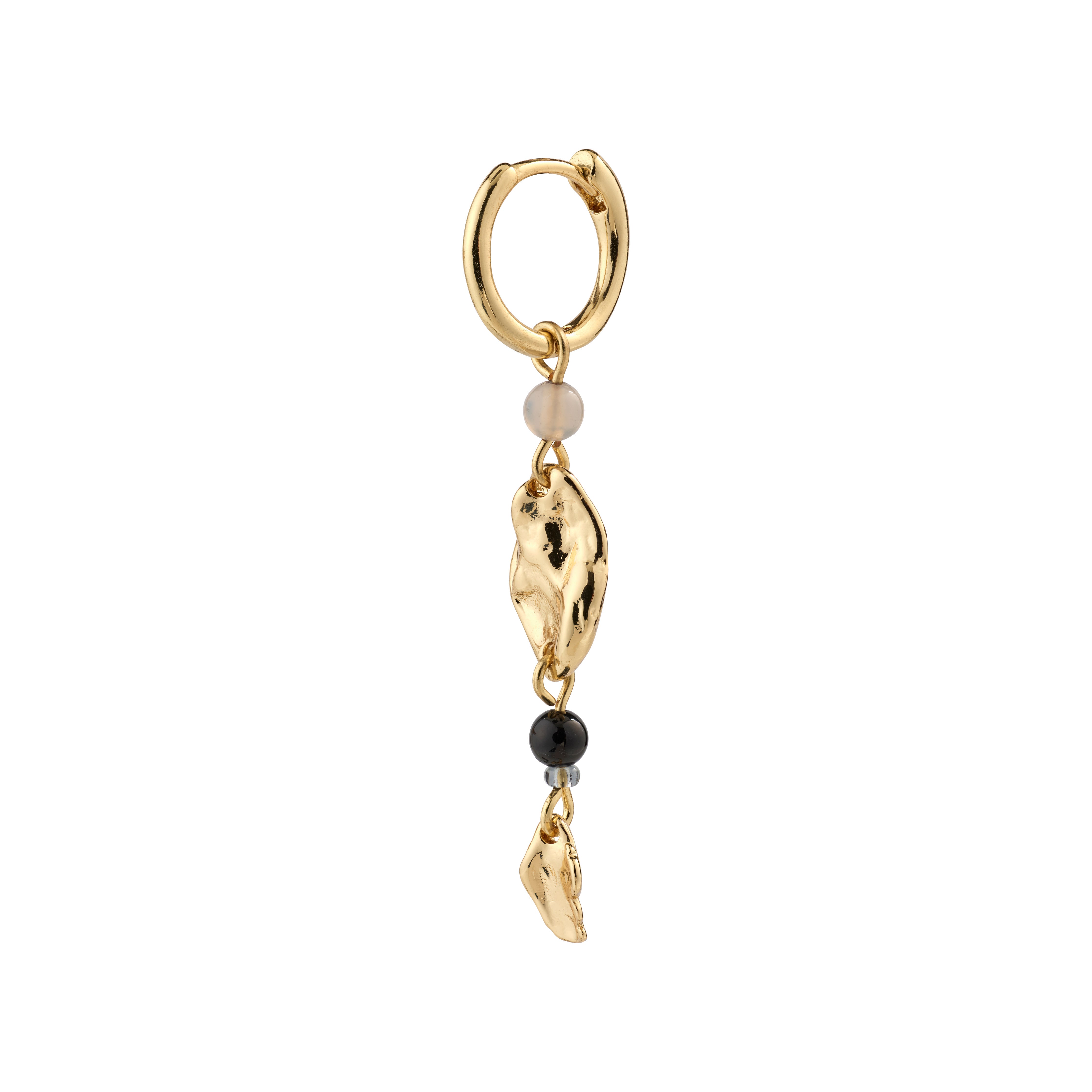 SARRA single earring gold-plated, featuring a classic hoop with a gold organic-shaped pendant and black agate bead, designed for versatile, trendy styling.