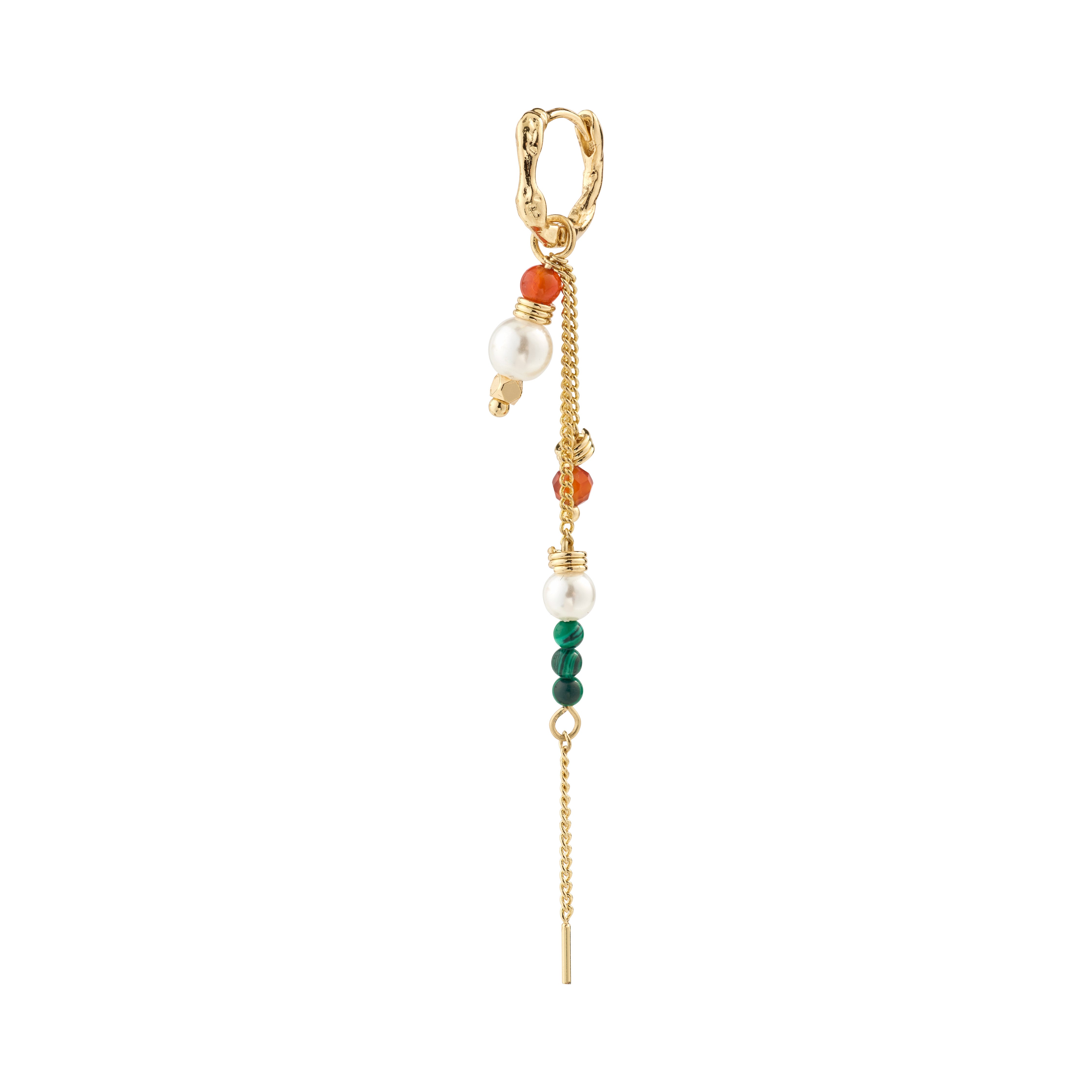 SIBYL single earring gold-plated with a slender chain and multicolored glass beads, showcasing a handcrafted, playful design ideal for a summer boho look.