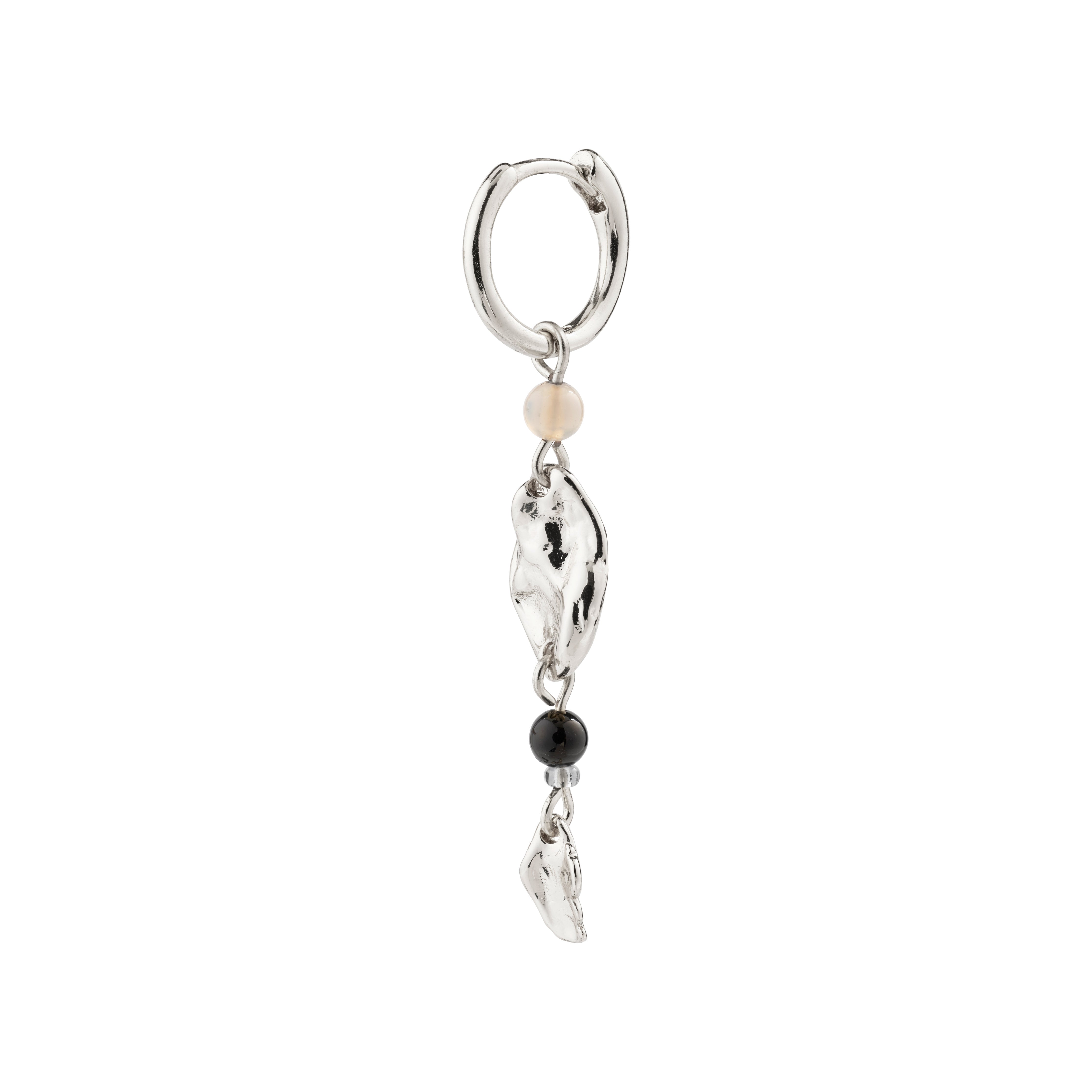 SARRA single earring silver-plated, featuring a silver hoop with a black agate bead pendant, designed for versatile styling and easy click clasp.