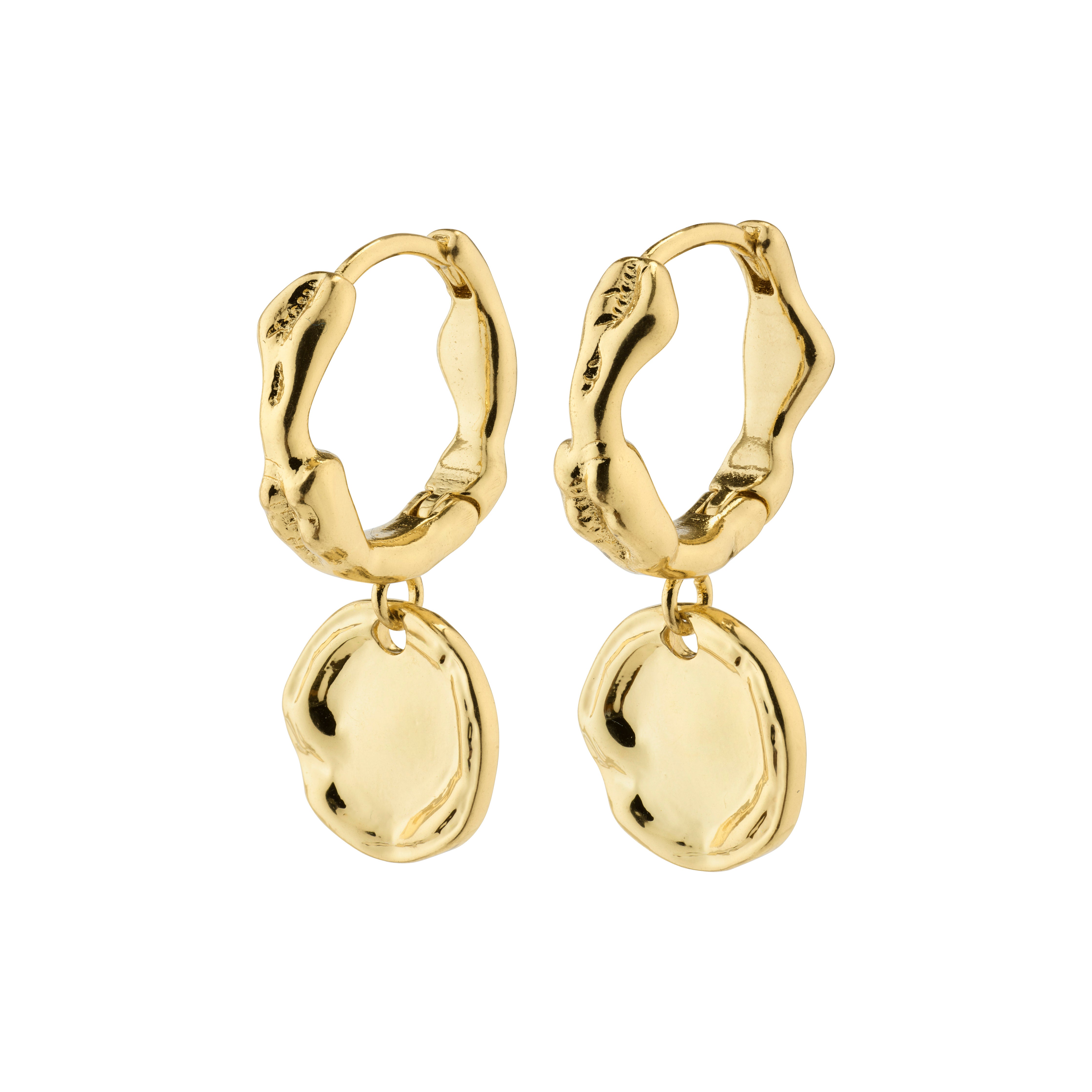 Gold-plated LEAF coin hoops from Pilgrim's sustainable collection, featuring decorative coin pendants and snap closures, crafted with 75% recycled materials.