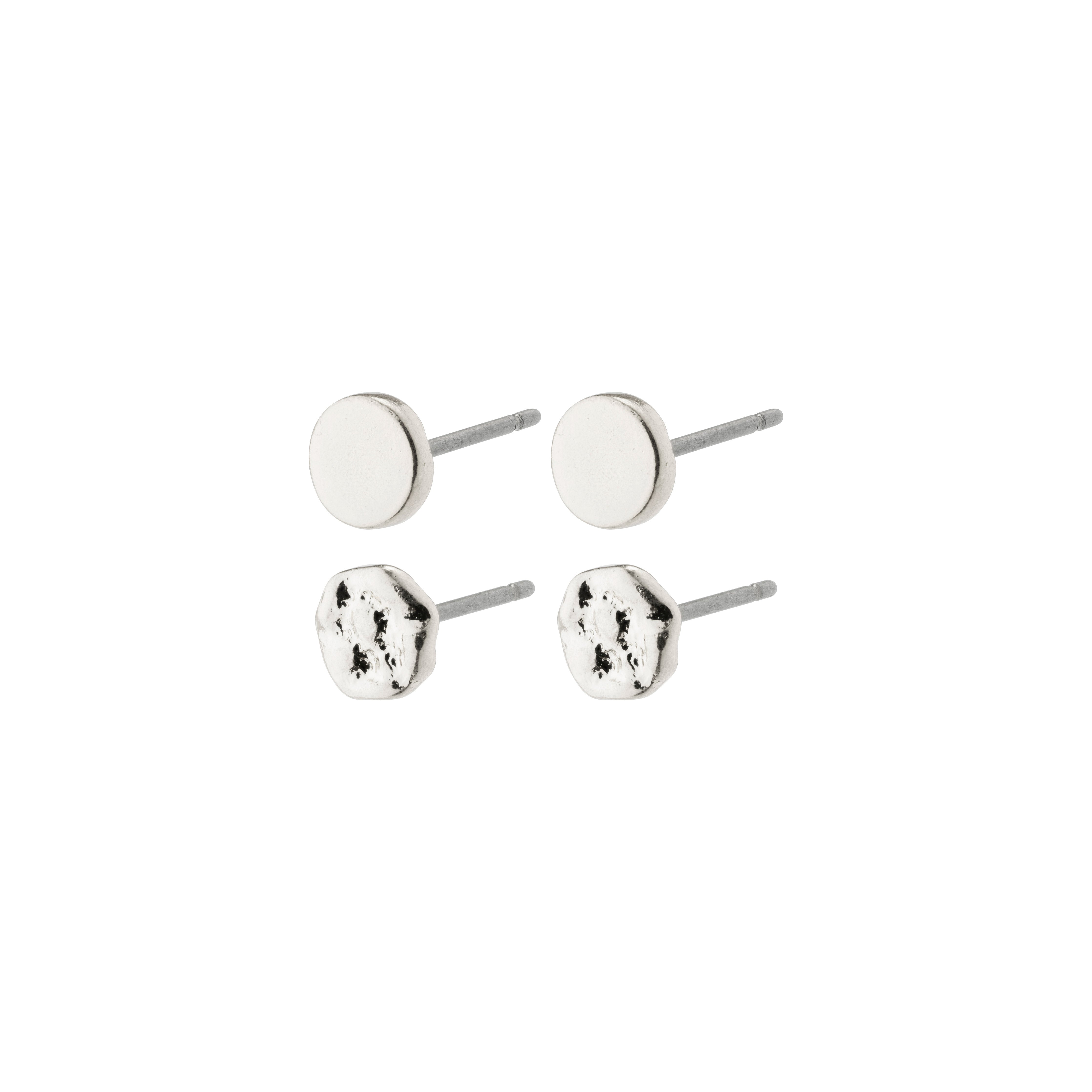 LEAF 2-in-1 set earrings silver-plated, featuring smooth and rustic finishes, showcasing Pilgrim's recycled craftsmanship with minimalistic, elegant silver stud designs.