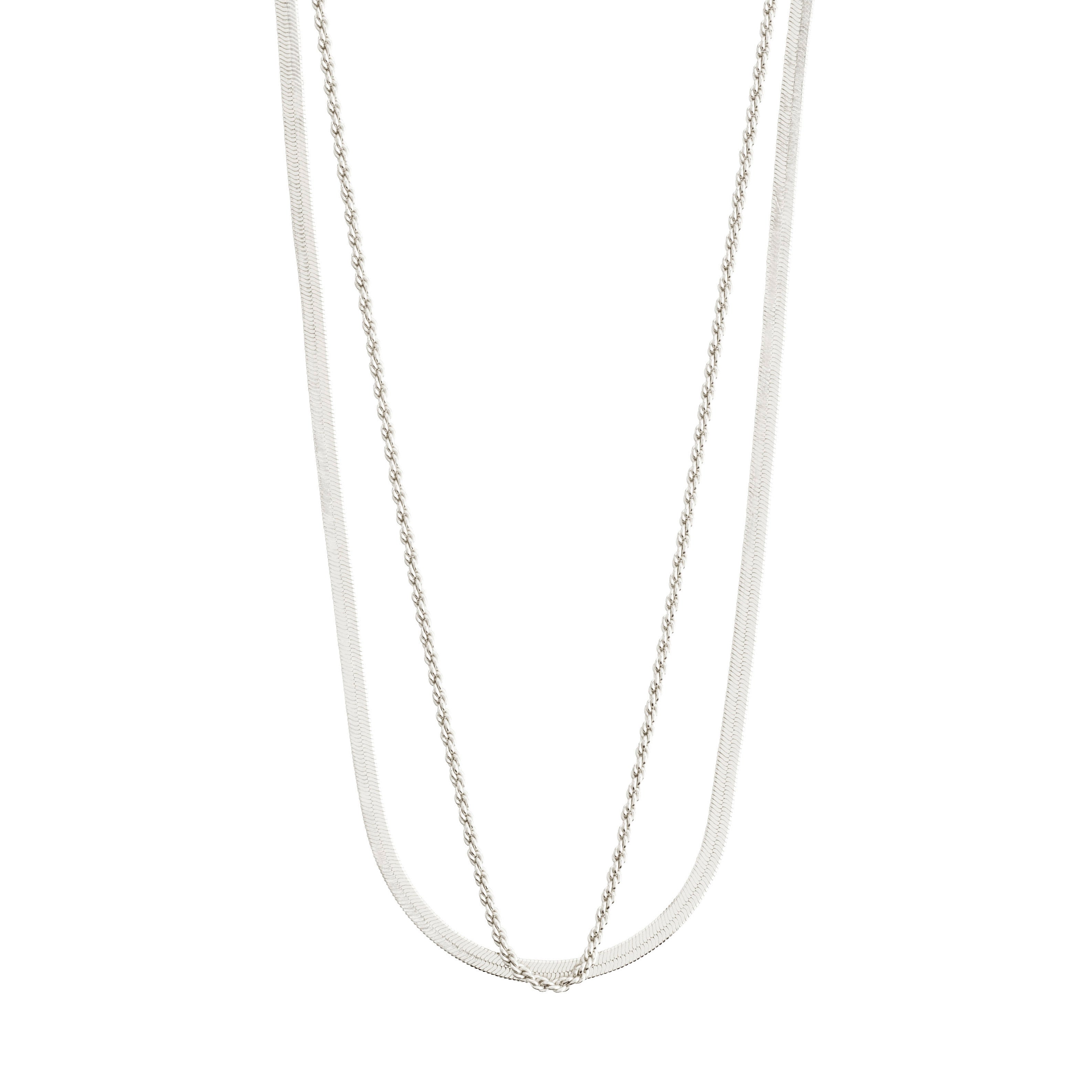 LEAF 2-in-1 set necklaces, showcasing a twisted rope and flat snake chain, silver-plated, eco-friendly, from Pilgrim's recycled collection.