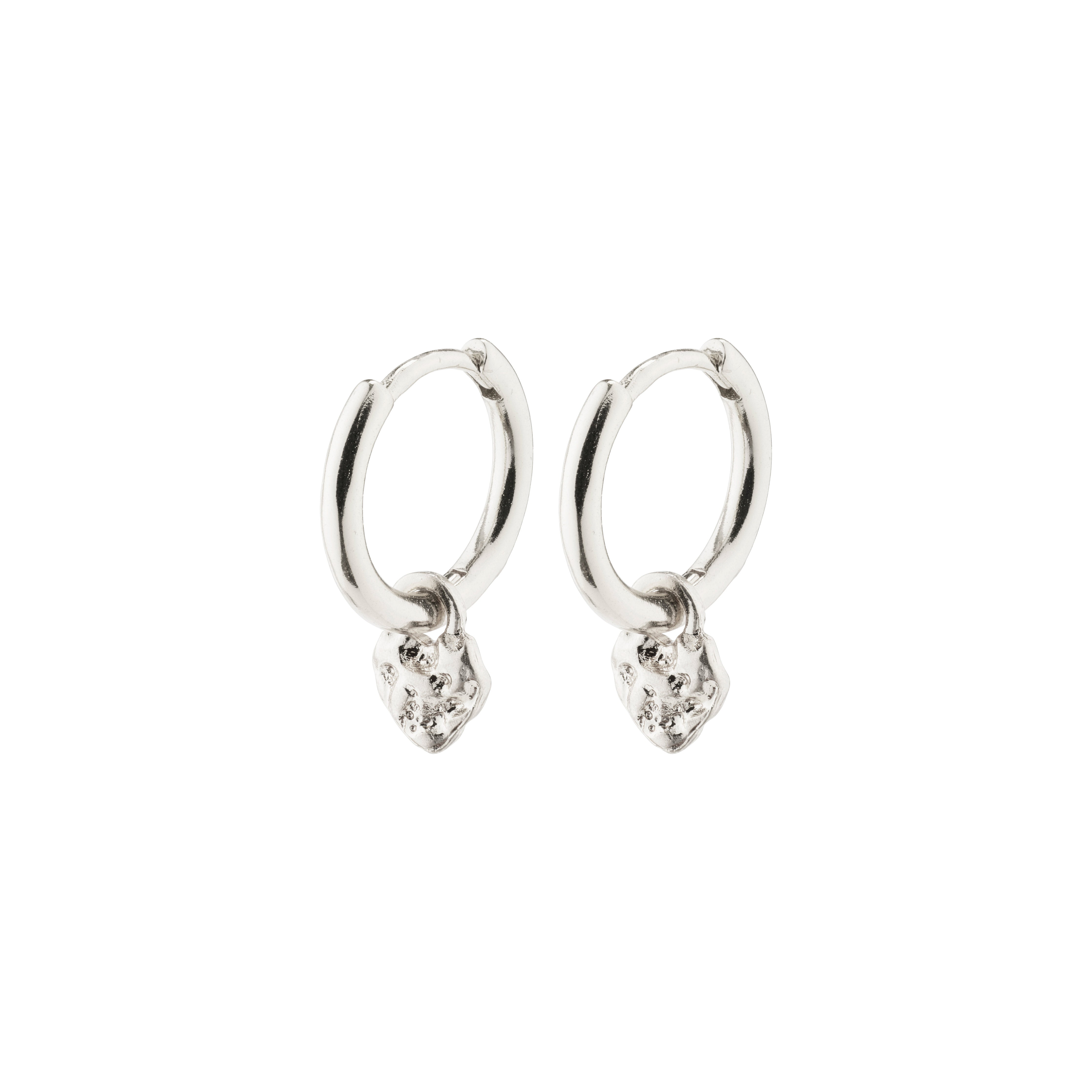 Silver-plated LEAF huggie hoops with small heart pendants and snap closures, part of Pilgrim's recycled collection, made from minimum 75% recycled materials.