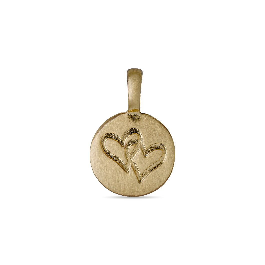 CHARM love pendant gold-plated featuring two engraved hearts, perfect for adding personal meaning to a bracelet or necklace. Ideal for gifting a loved one.