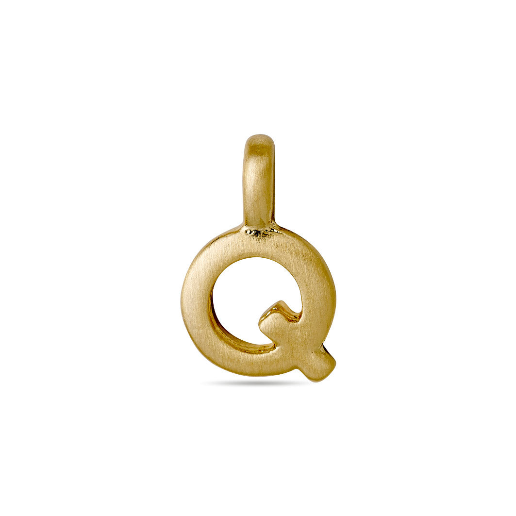 Gold-plated CHARM Q pendant on white background, ideal for personalization. Perfect for layering or wearing solo, adding a bespoke touch to any jewellery collection.