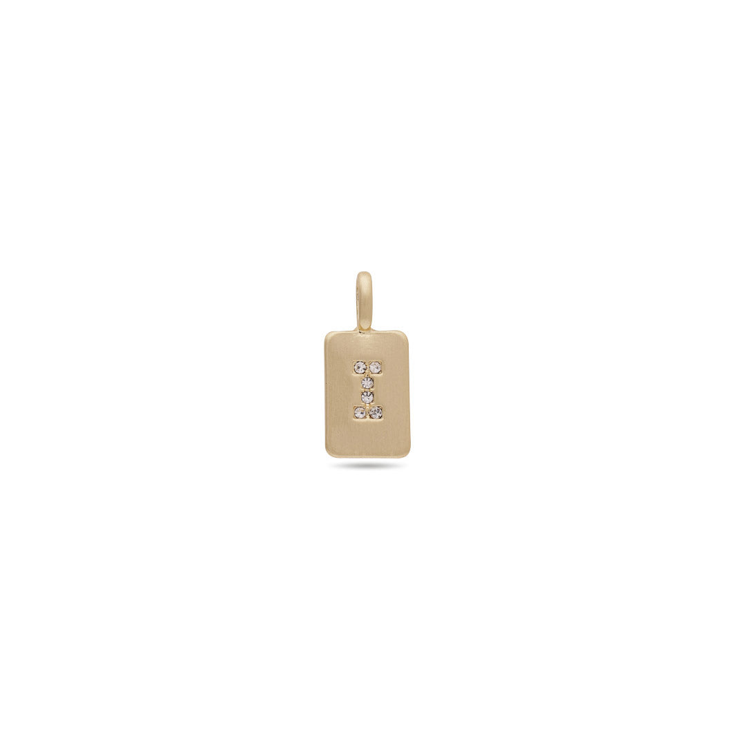 Gold-plated CHARM crystal I pendant with diamond accents, featuring a minimalist satin matte design. Perfect for adding personal style to bracelets or necklaces.