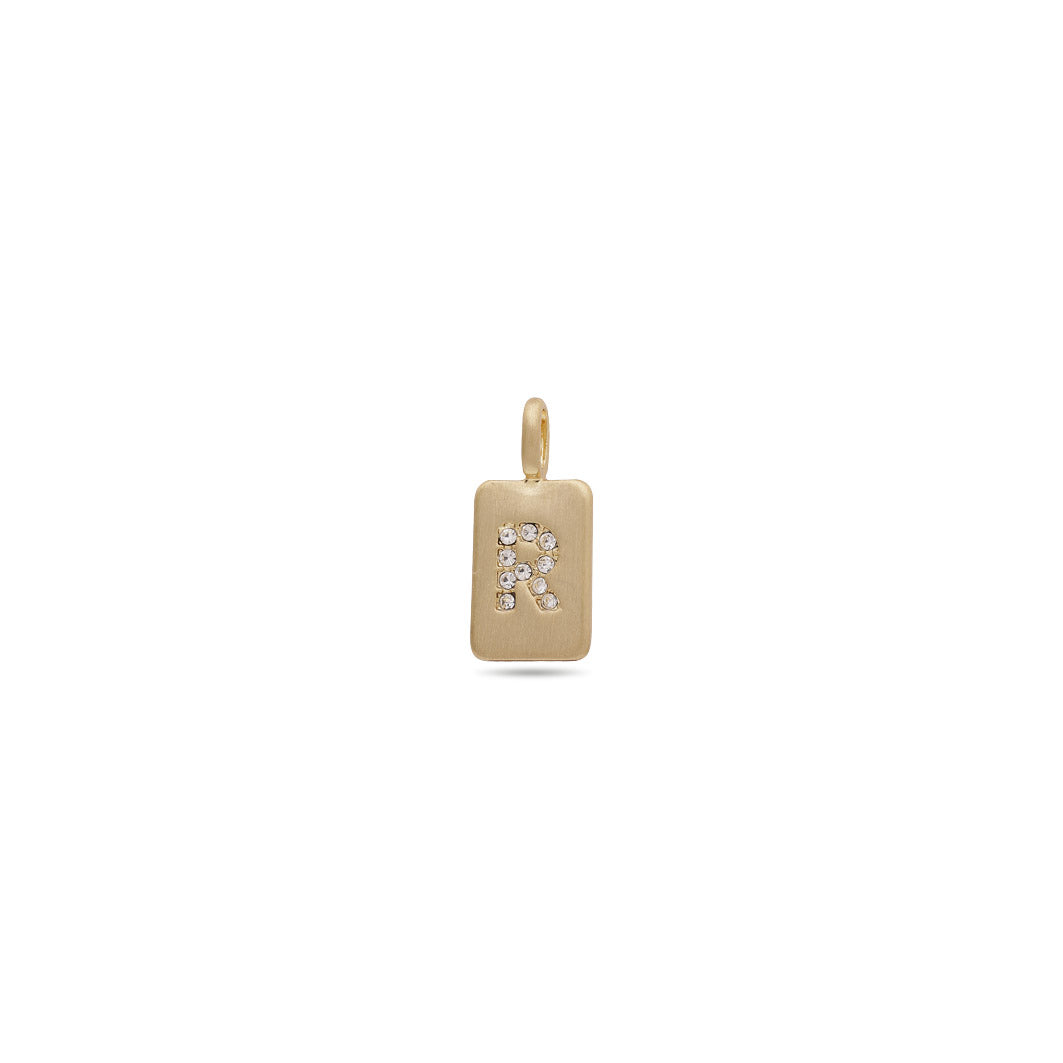 Gold-plated CHARM crystal R pendant featuring a minimalist design with diamond accents, perfect for personal style or gifting to symbolize a loved one.