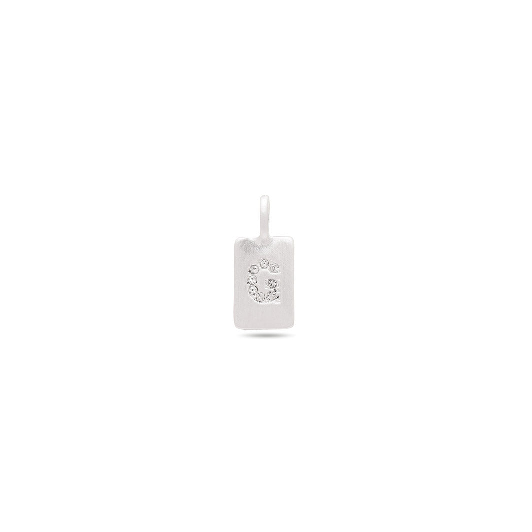 Silver-plated CHARM crystal G pendant with sparkling stones, featuring a minimalist letter design on a satin matt surface, perfect for bracelets or necklaces.