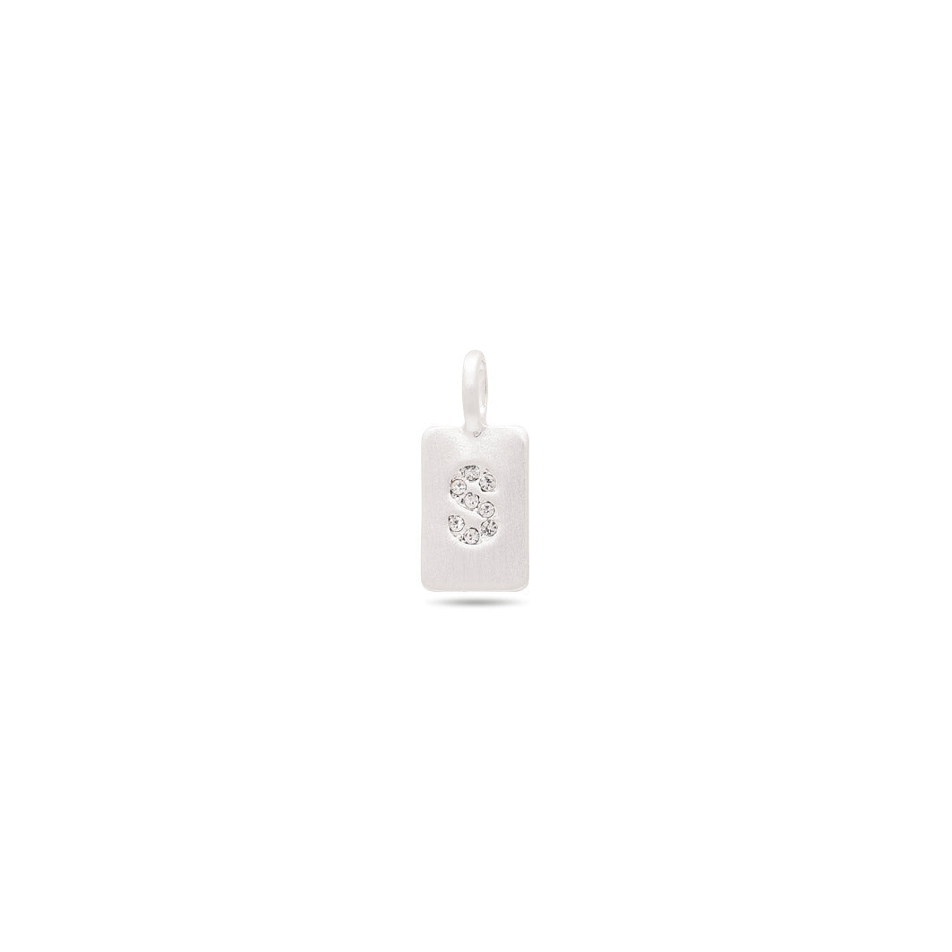 Silver-plated CHARM crystal S pendant with sparkling stones on a satin matte surface, designed for personalization with bracelets and necklaces.