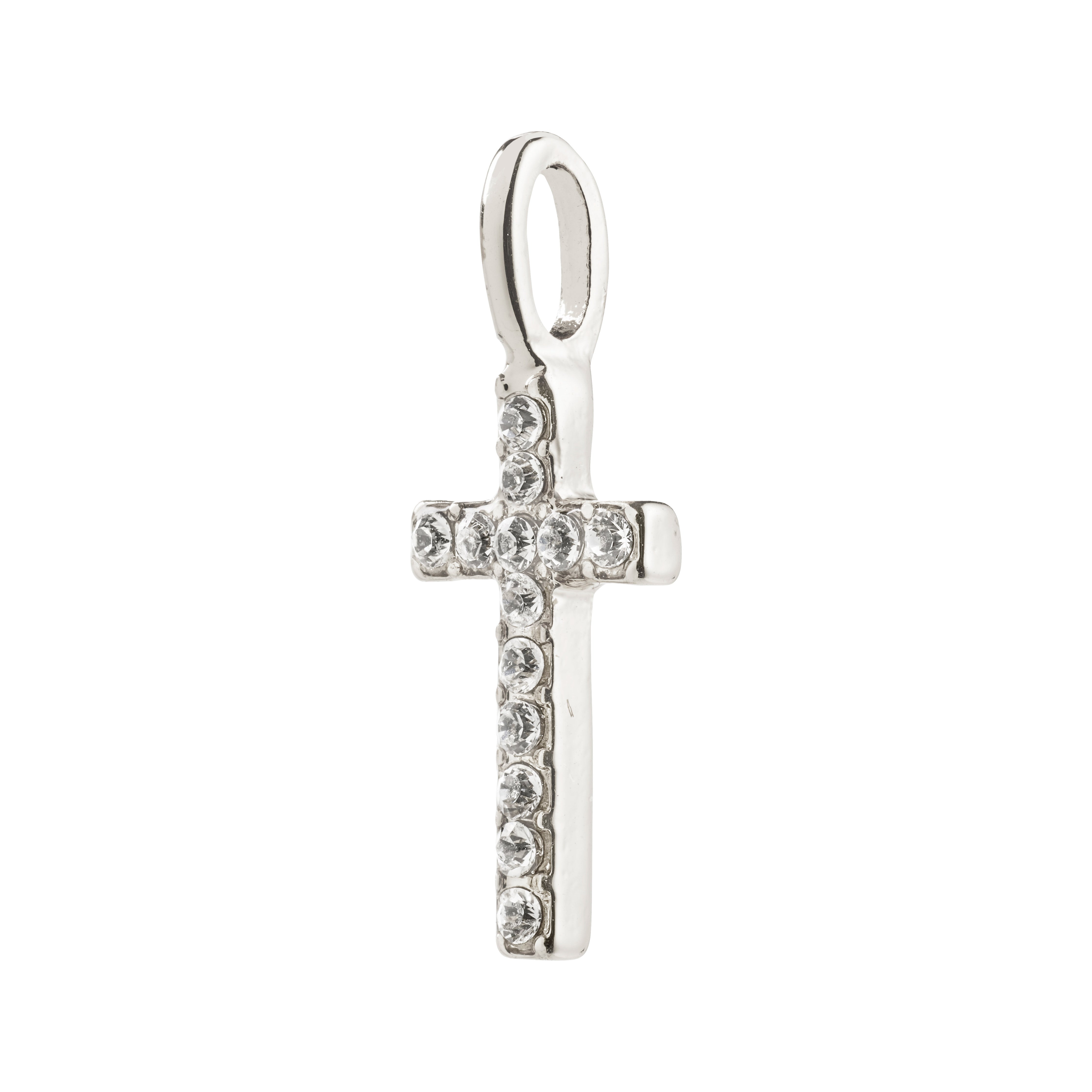 Silver-plated mini cross pendant adorned with sparkling crystals, ideal for creating personalized jewelry styles. Made from 98% recycled materials.