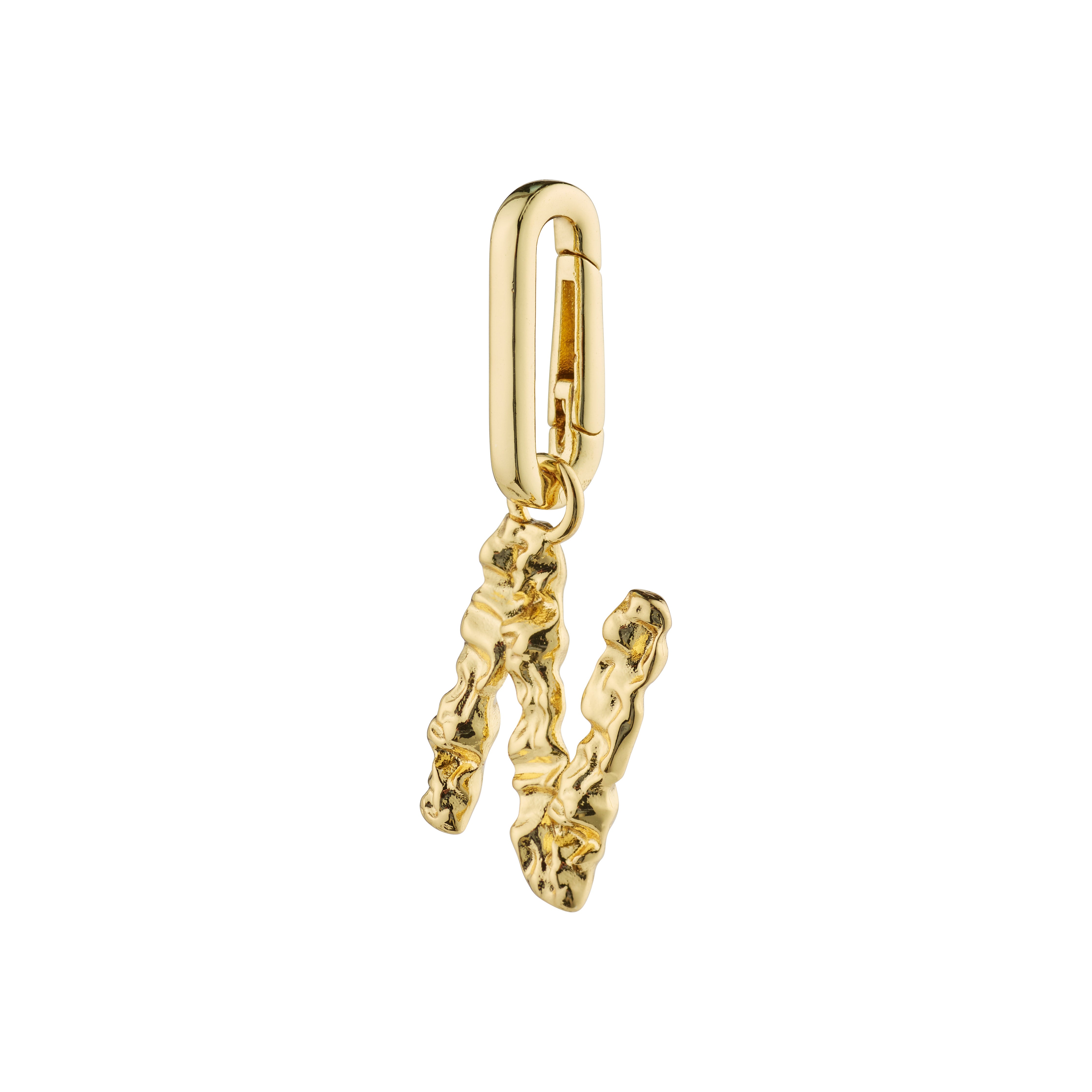 Gold-plated letter 'N' charm pendant from Pilgrim, offering a personalized statement with rustic design and eco-friendly materials.