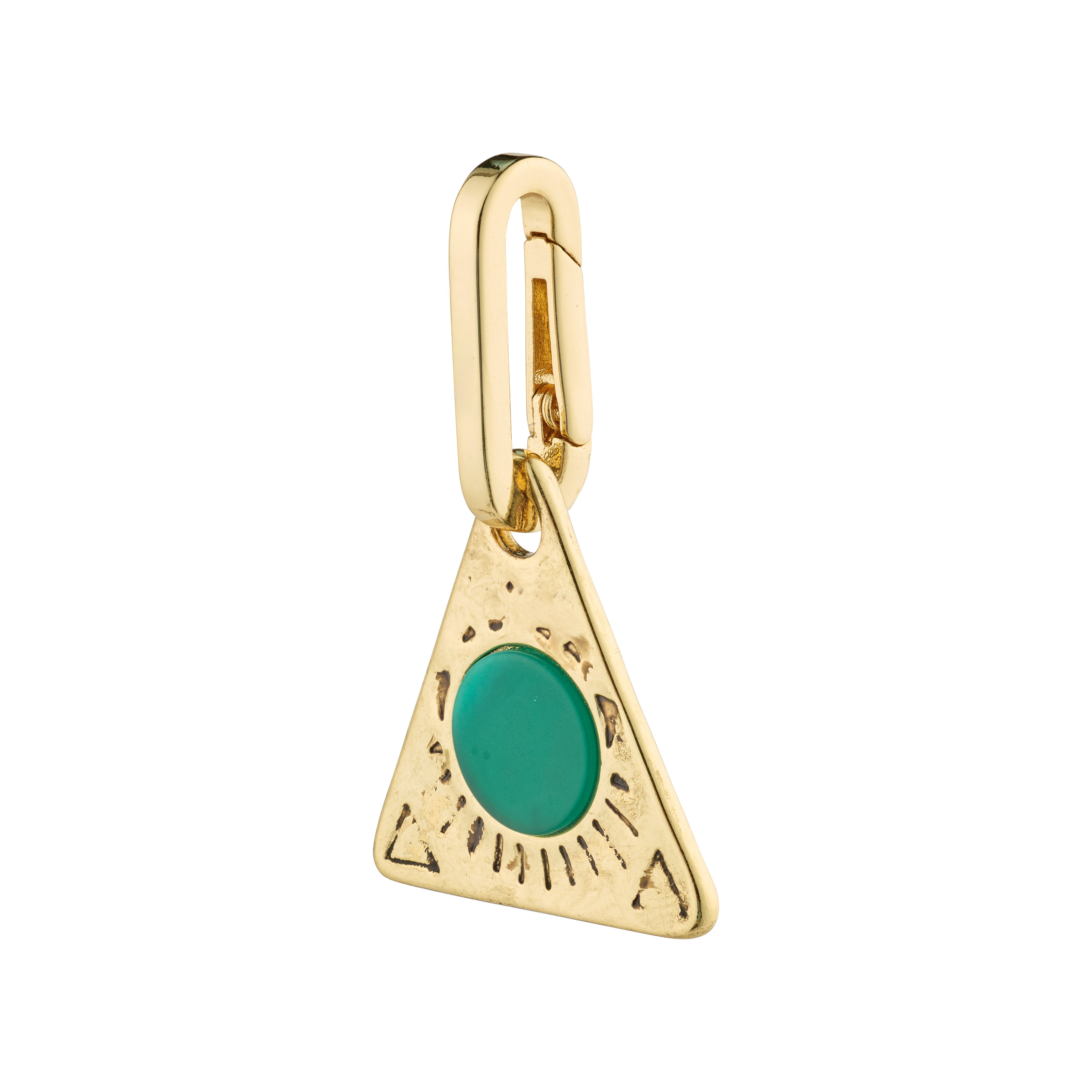 CHARM triangle pendant, green/gold-plated: A gold pendant with a central green gemstone, ideal for personalizing style with recycled materials.