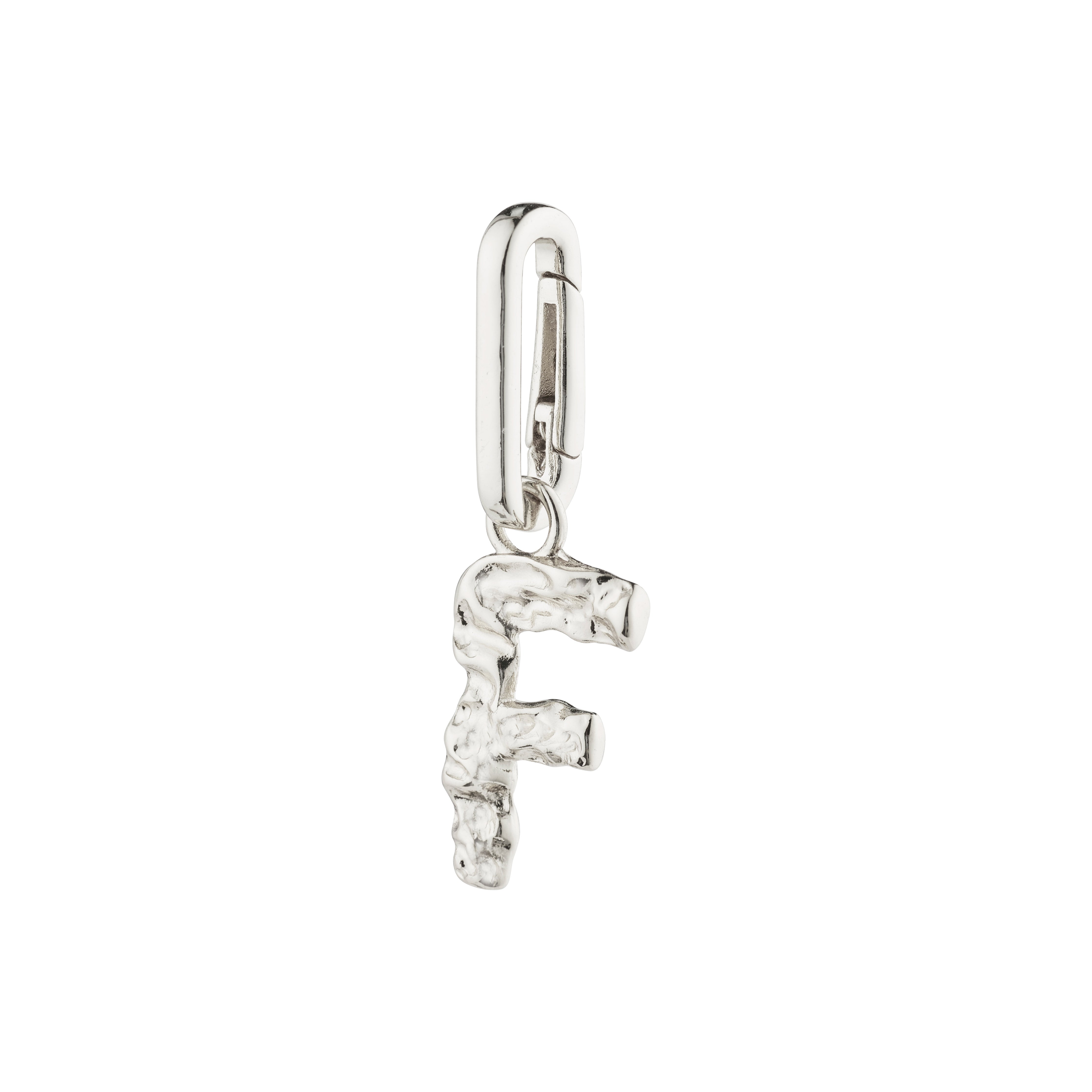 Silver-plated 'F' charm pendant by Pilgrim, designed for personalized style. Perfect for customizing necklaces with a sustainable, recycled material choice.