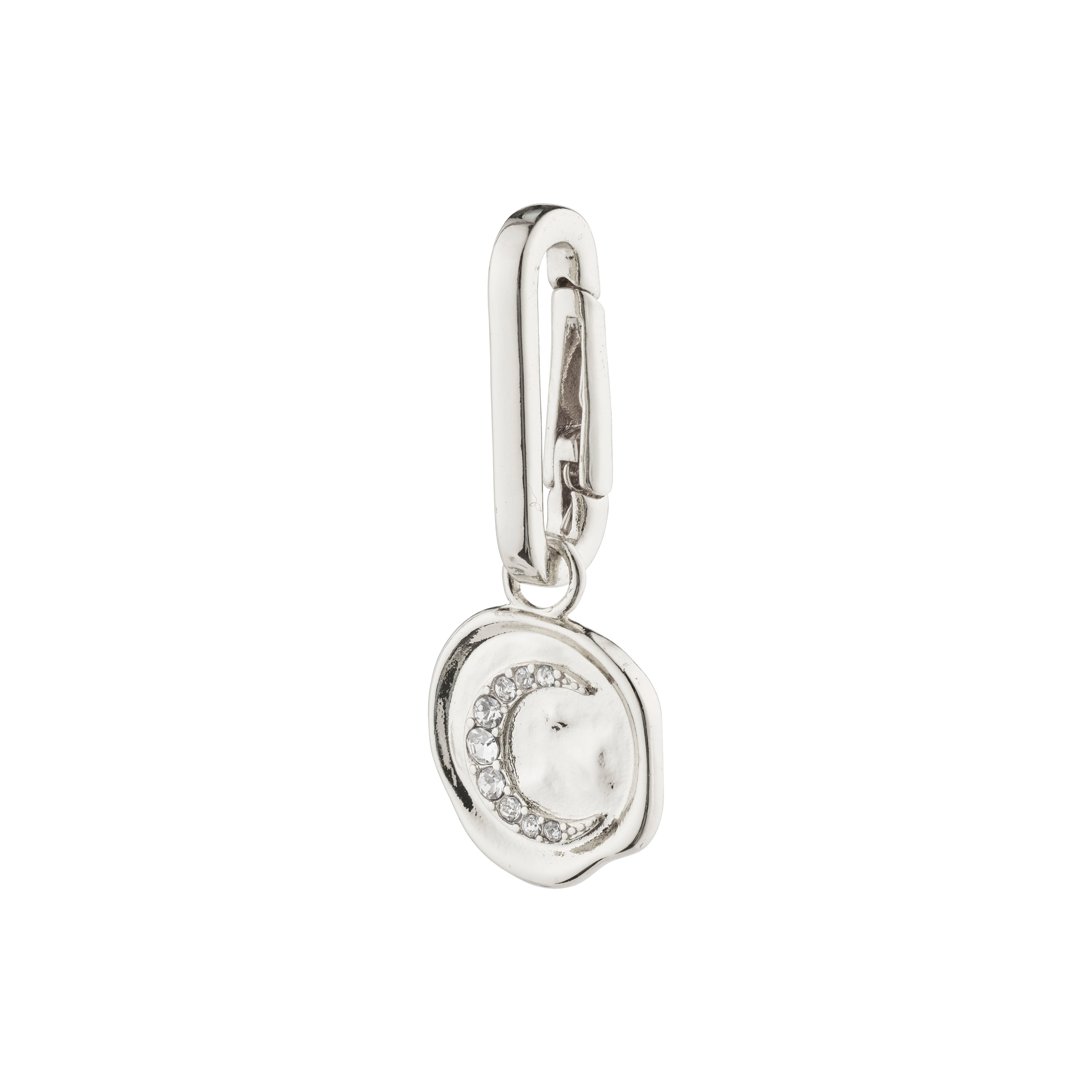 Silver-plated CHARM moon pendant adorned with diamonds, showcasing Pilgrim's Scandinavian craftsmanship. Perfect for personalizing jewellery with a sustainable touch, made from 98% recycled material.
