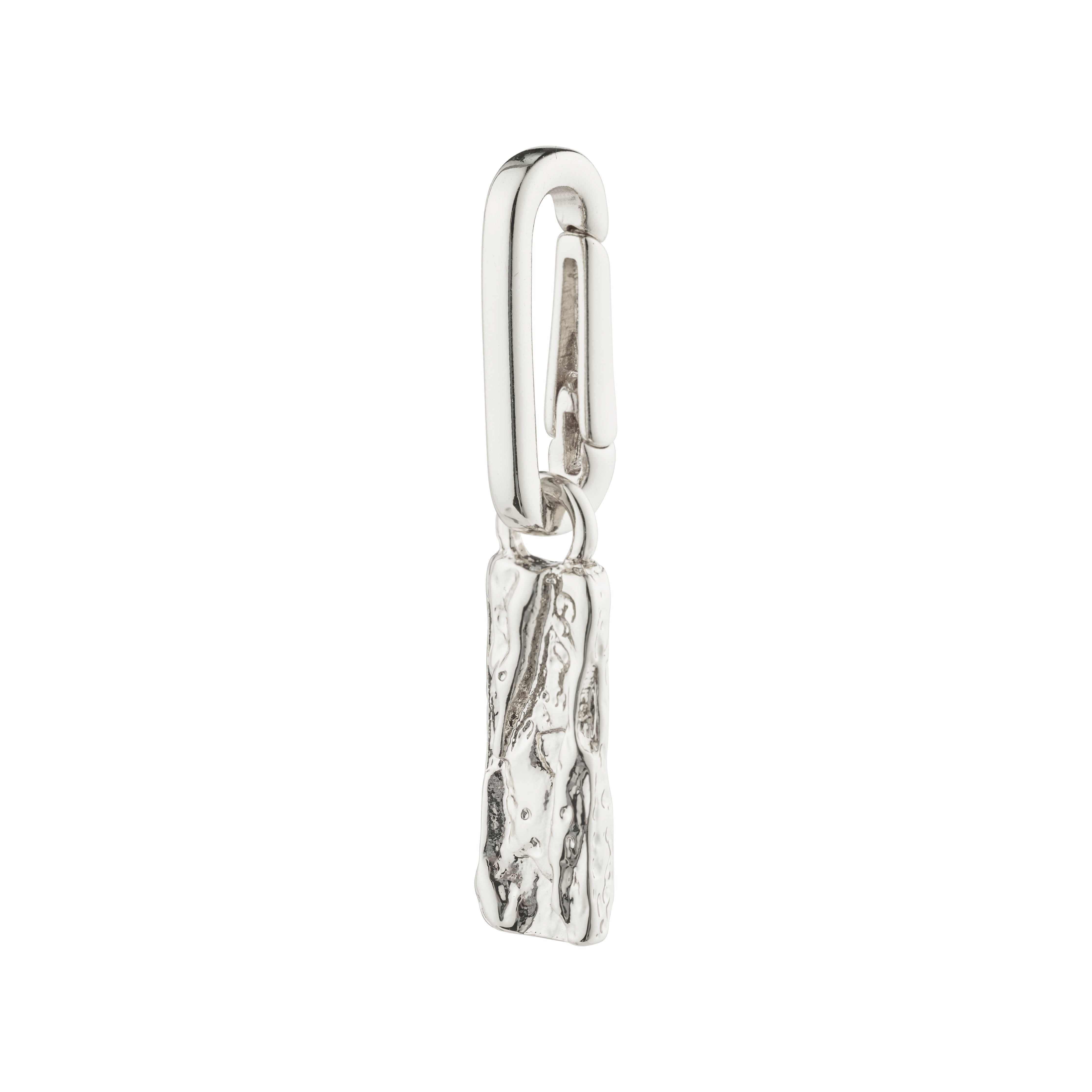Silver-plated CHARM tag pendant from Pilgrim, featuring a rustic design ideal for personal styling on chains or cords. Made from 99% recycled material.