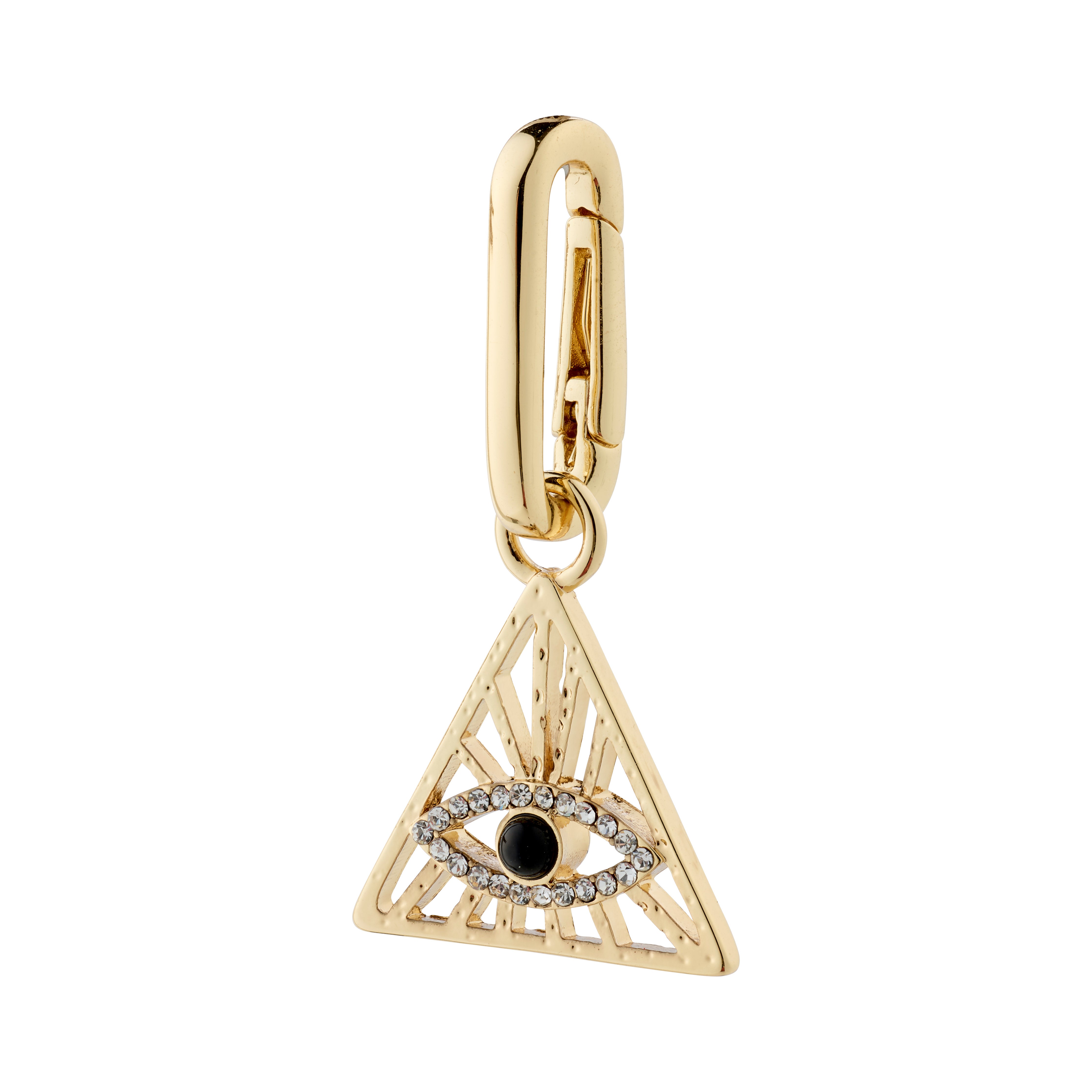 Gold-plated CHARM triangle pendant with black eye and diamonds, perfect for personalized styling. Crafted with 95% recycled materials for a unique statement accessory.