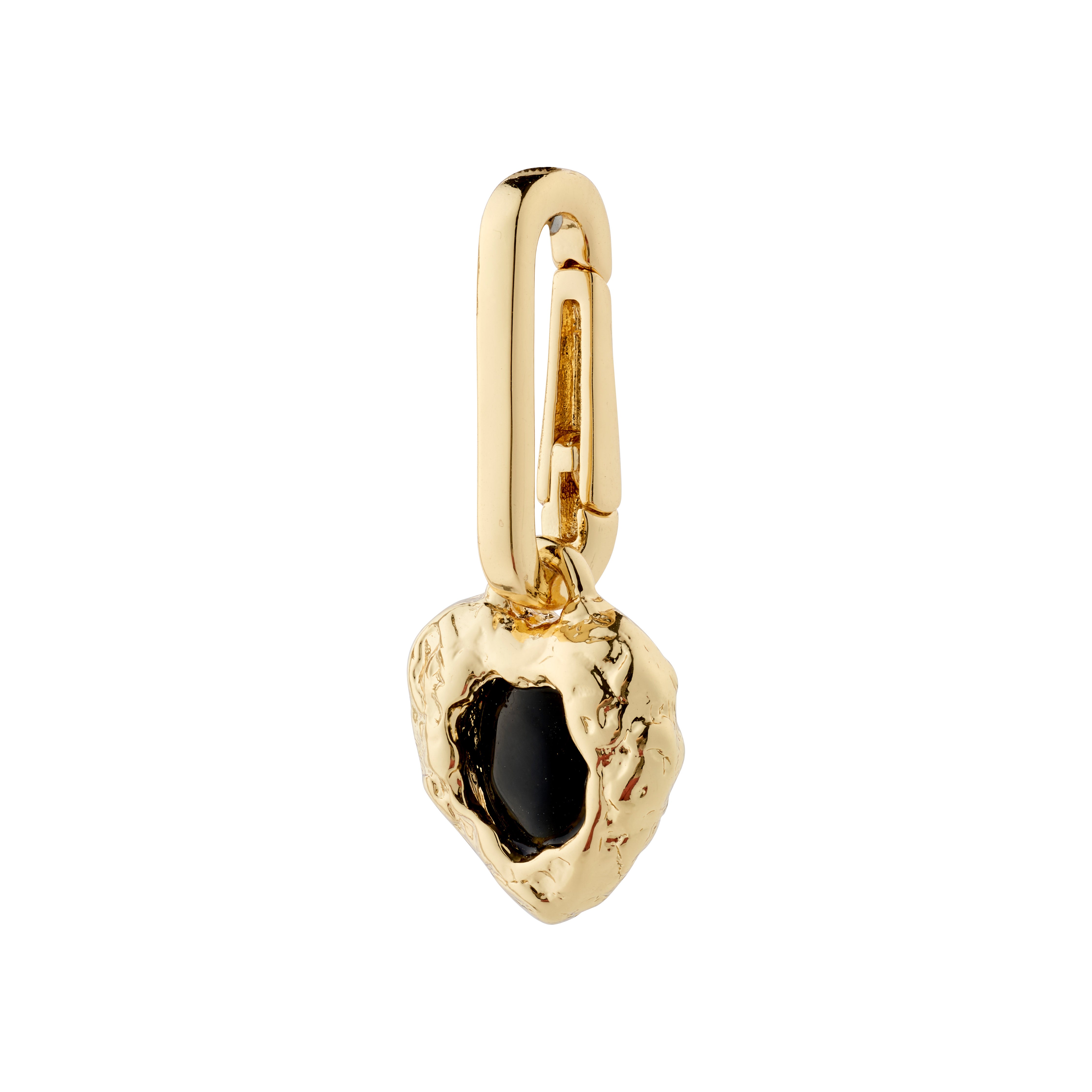 Gold-plated CHARM black agate pendant, heart-shaped, designed for personal styling on chains or hoops, reflecting Pilgrim's Scandinavian craftsmanship and trendsetting appeal.