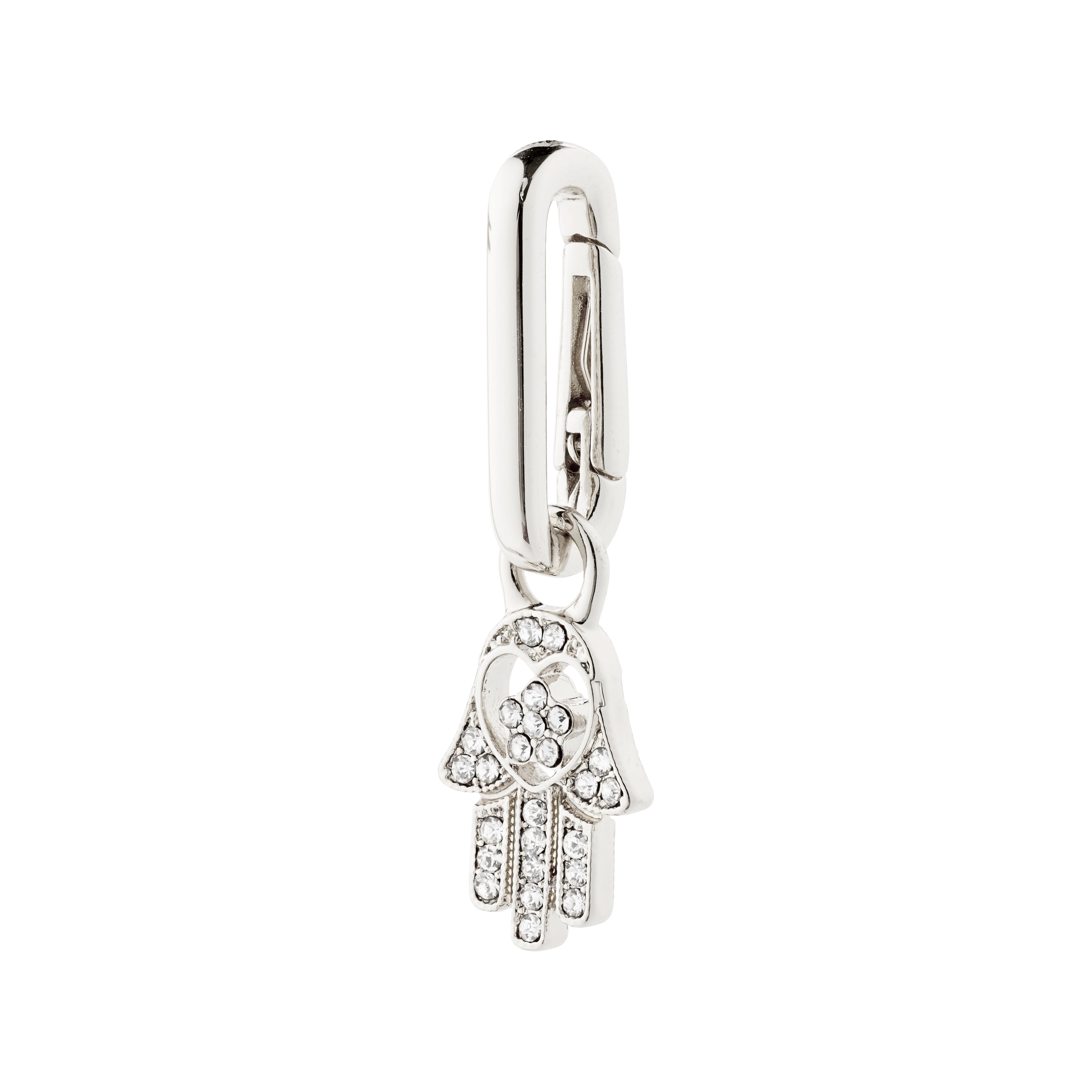 Silver-plated CHARM Hamsa pendant adorned with Preciosa crystals, ideal for adding a personal, stylish touch to your look. Perfect for pairing with chunky chains or hoops.