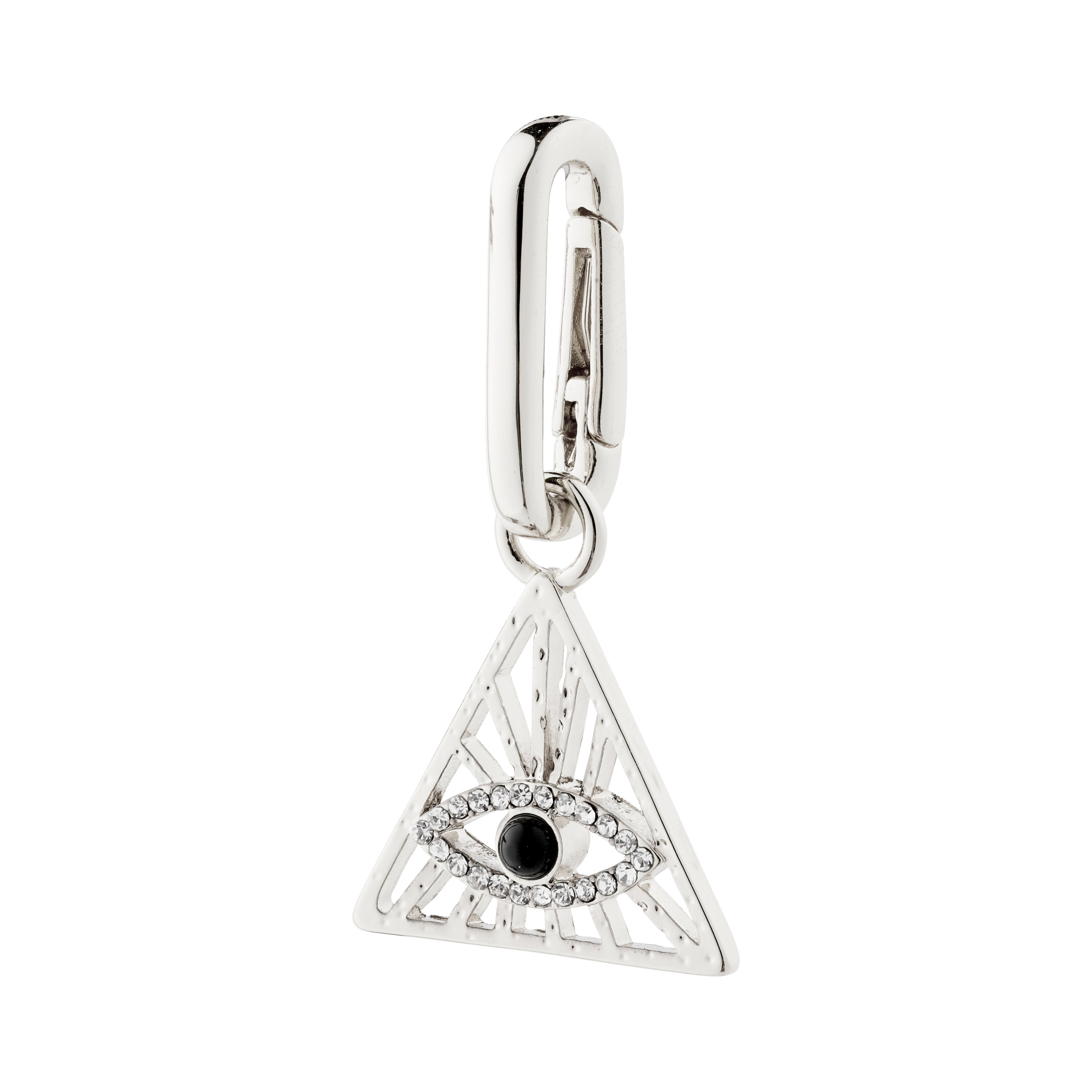 Silver-plated CHARM triangle pendant featuring an all-seeing eye design, perfect for adding a unique touch to your style. Made from 95% recycled materials.
