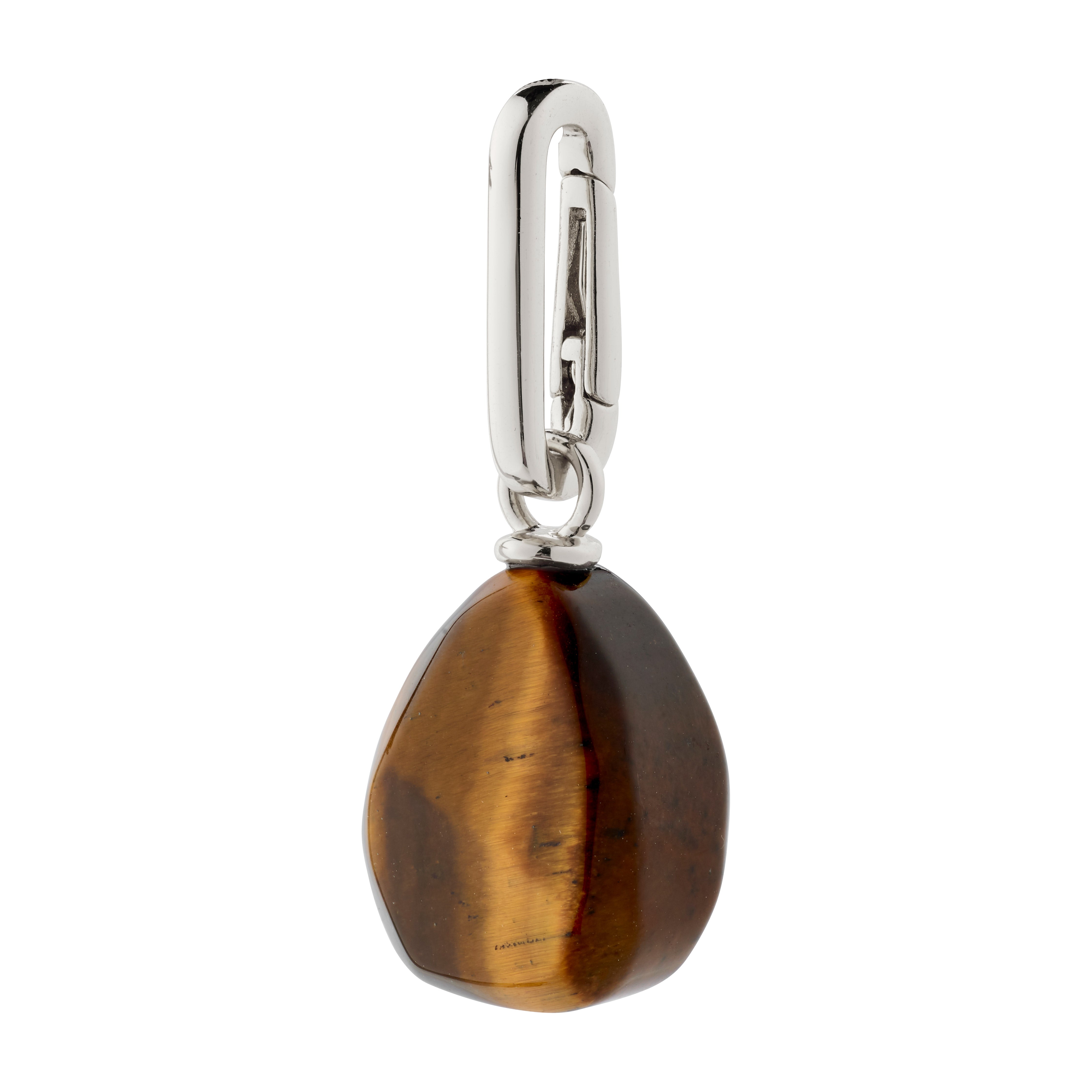 CHARM tiger eye pendant, silver-plated, featuring a Tiger Eye gemstone in an oval carabiner setting, ideal for personalized style with Pilgrim's unique charm collection.