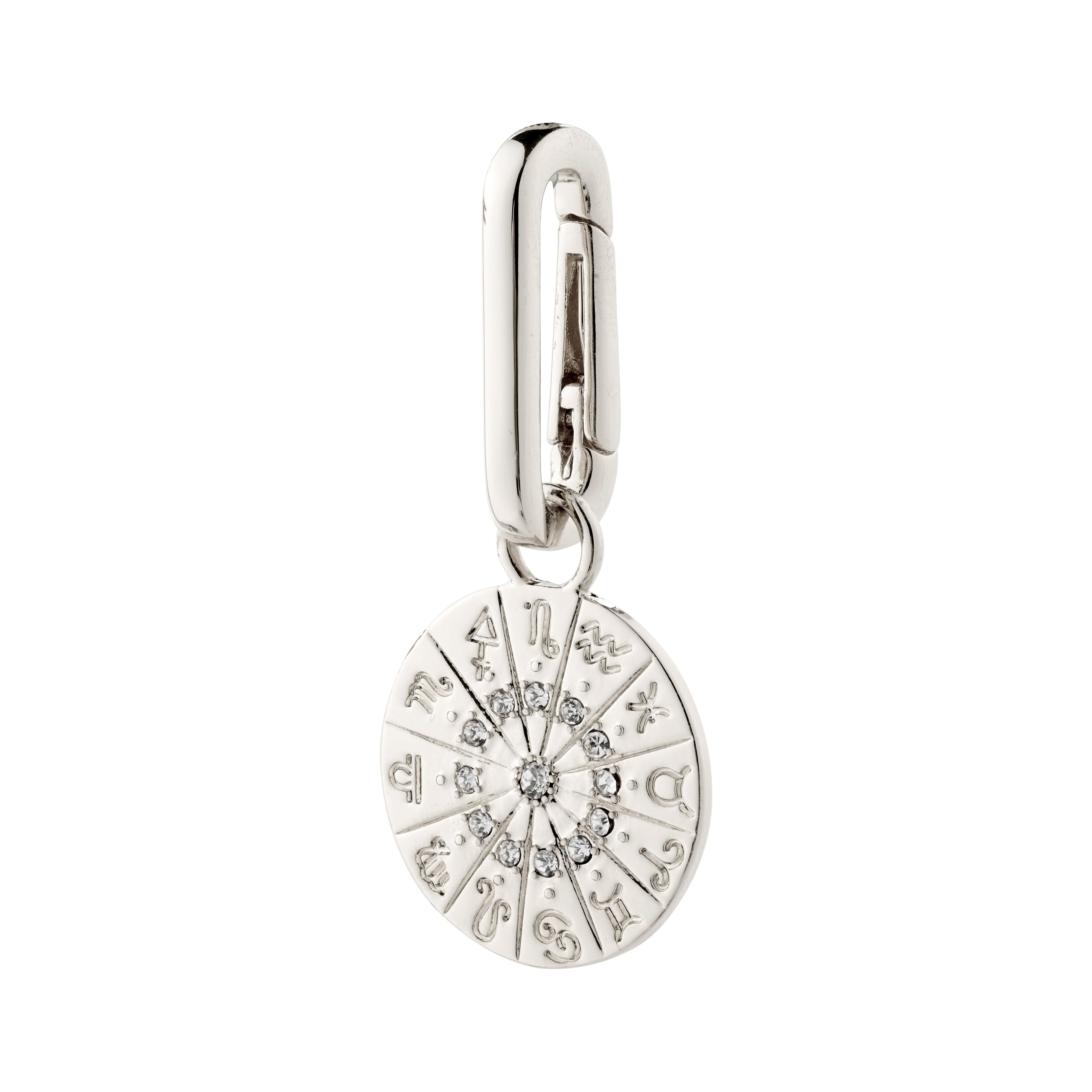 Silver-plated CHARM horoscope pendant with zodiac symbols and Preciosa crystals, crafted from recycled material for personal styling. Perfect for chain or hoops.