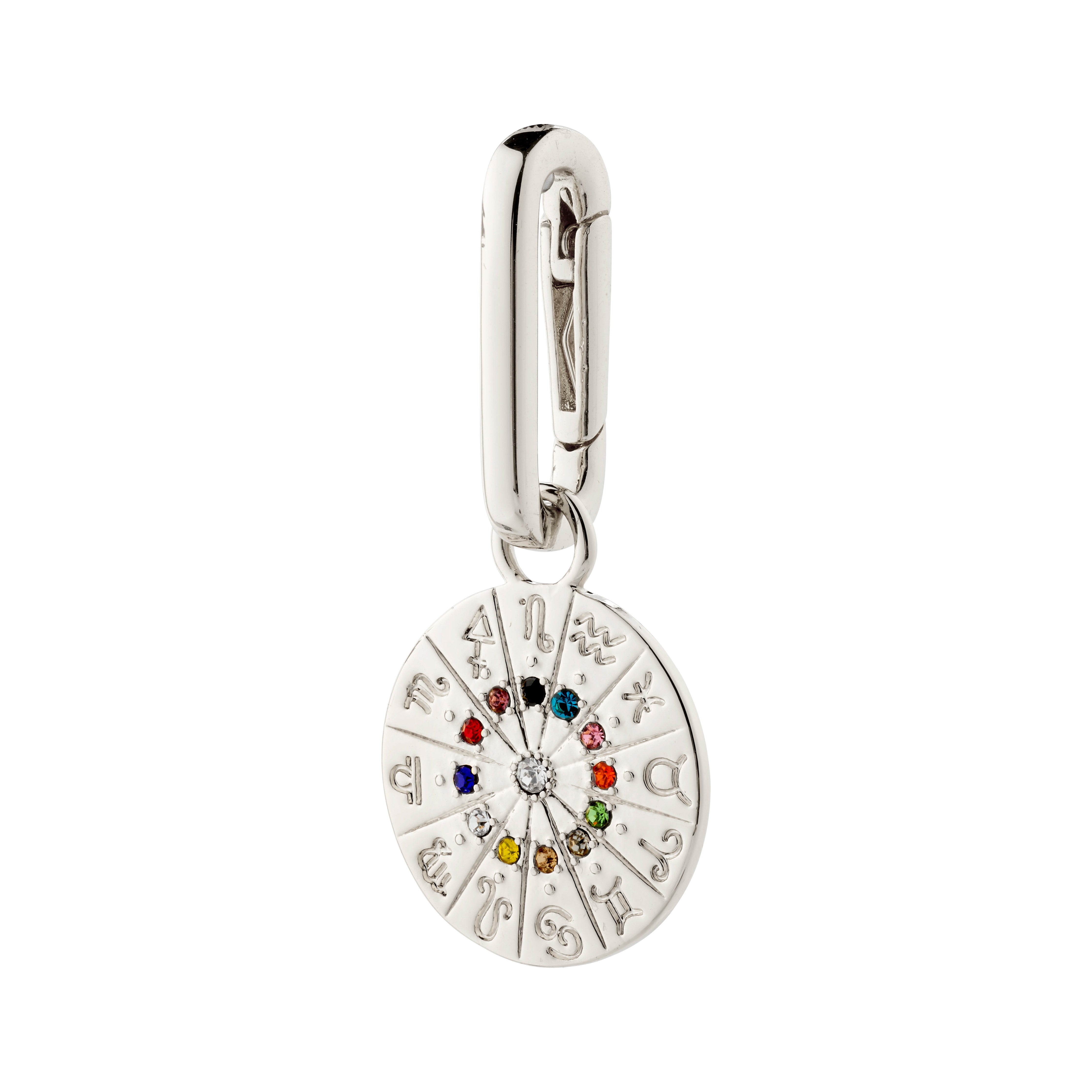 Silver-plated CHARM horoscope pendant adorned with multicolored Preciosa crystals, offering a personalized touch with 94% recycled material, perfect for stylish customization.