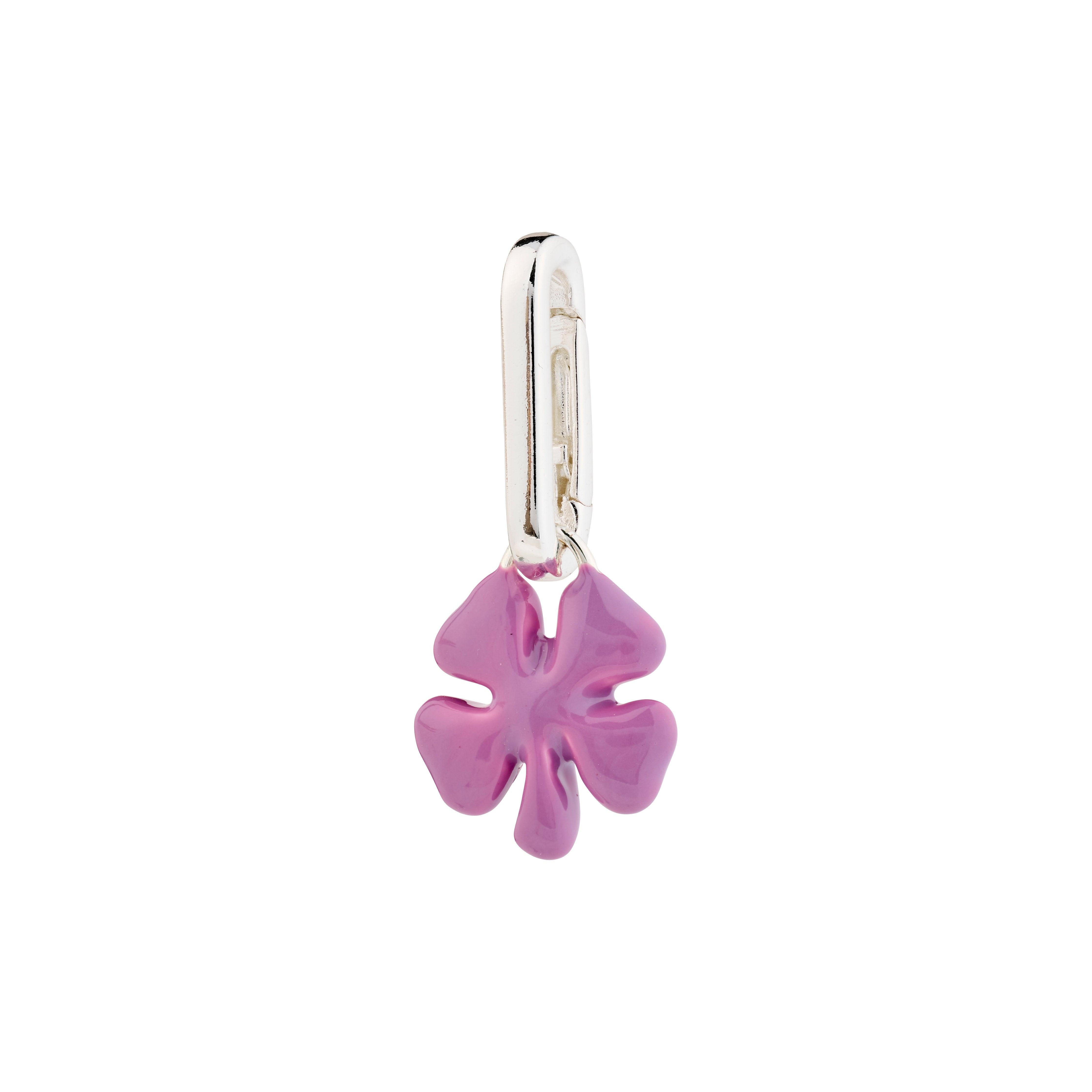 Silver-plated four-leaf clover pendant with violet enamel finish, designed by Pilgrim, ideal for adding a playful, nature-inspired touch to accessories.