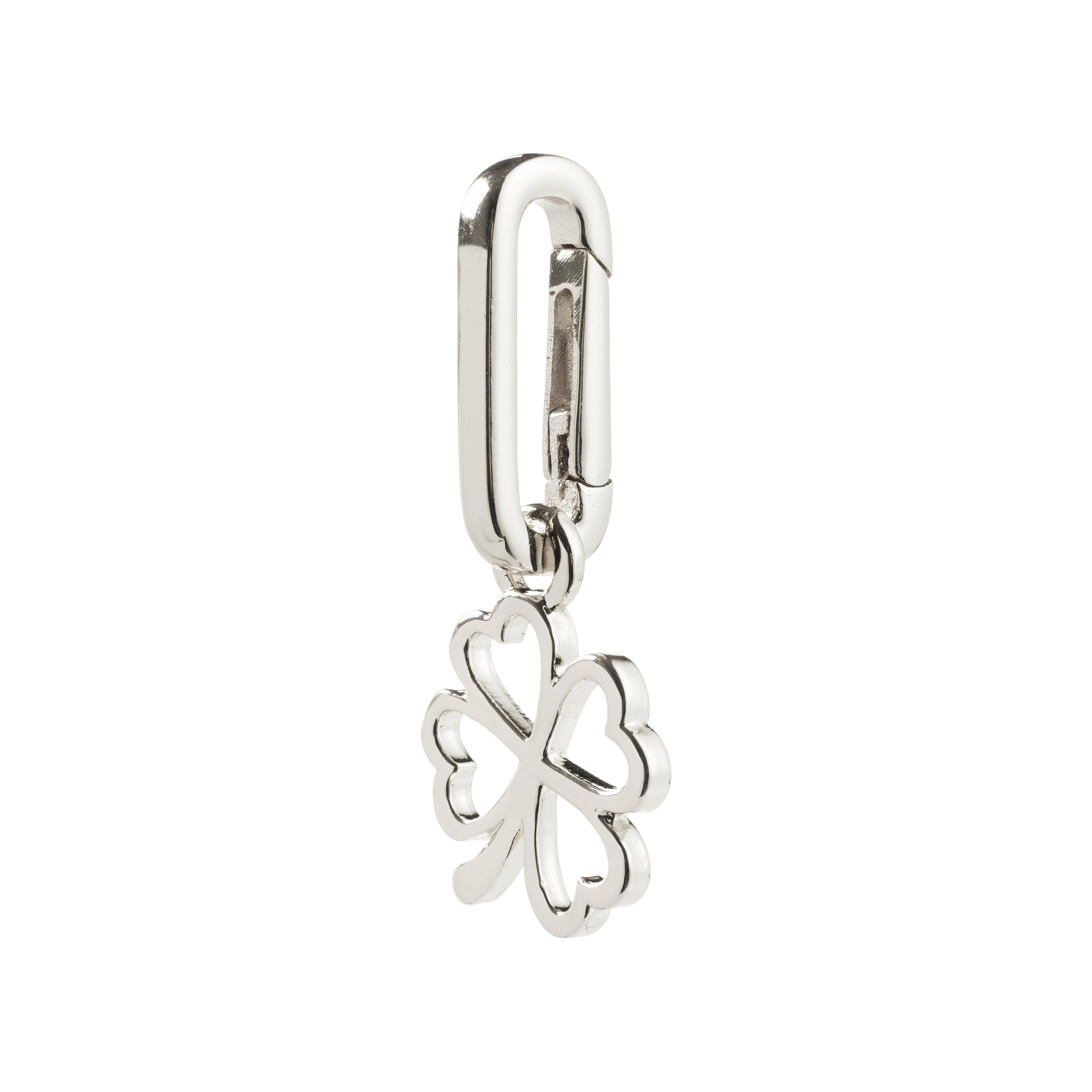 Silver-plated CHARM clover pendant with heart-shaped leaves on a carabiner clasp, perfect for adding a lucky, personalized touch to jewelry or accessories.