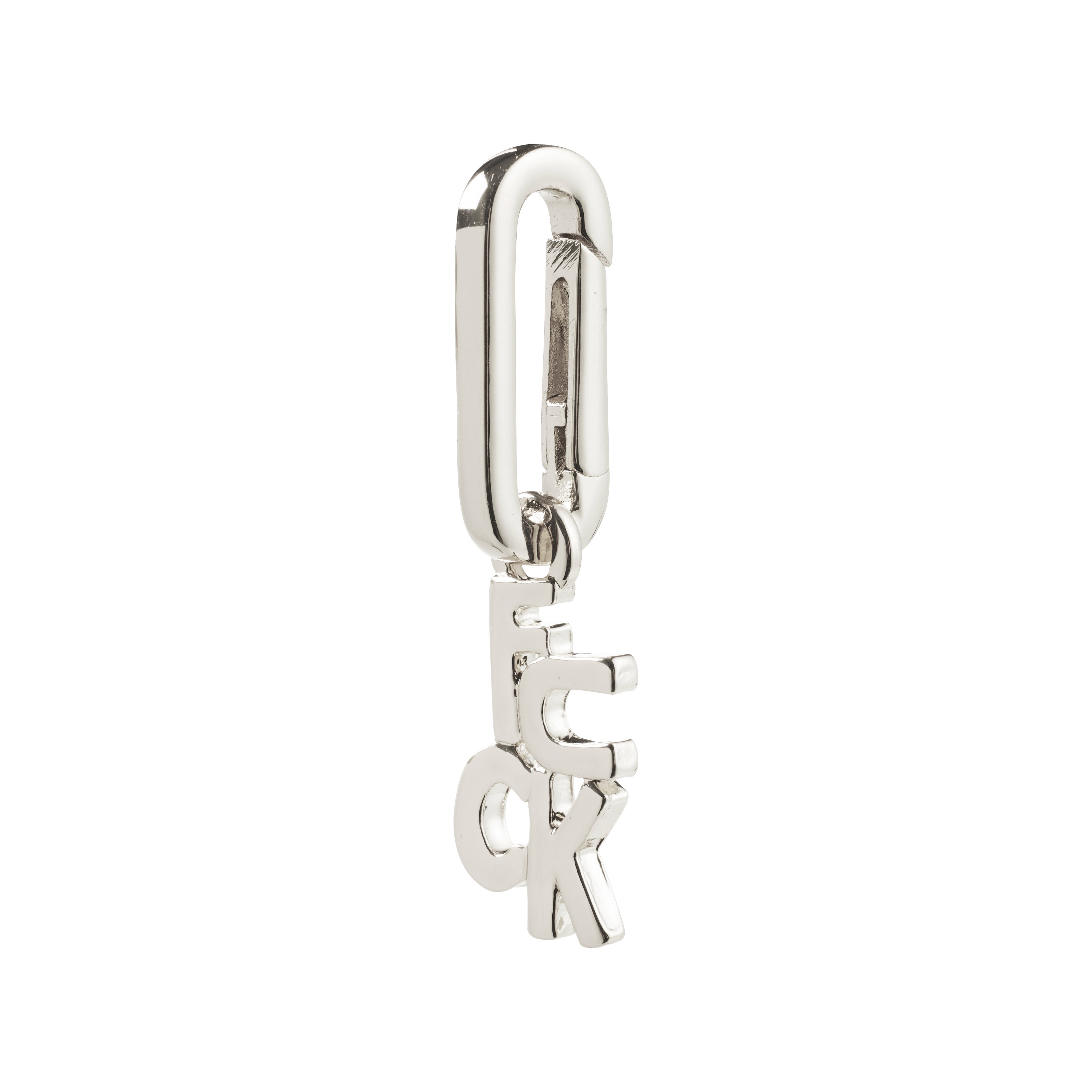 Silver-plated CHARM f... pendant with alphabetic block letters F E C K, hanging from a tubular carabiner clip, perfect for bold, personalized styling.