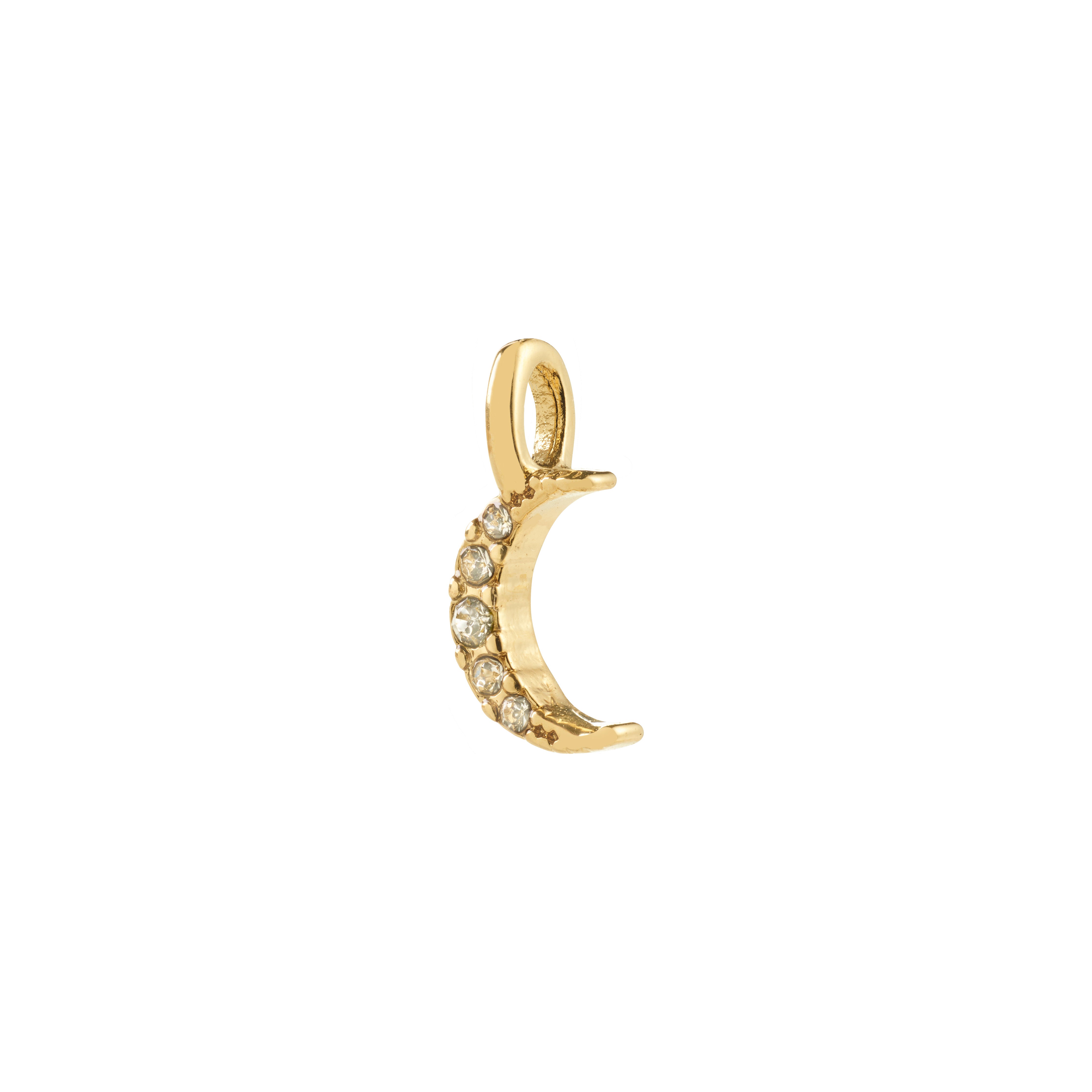 Gold-plated CHARM mini moon pendant by Pilgrim, adorned with sparkling crystals, symbolizing mystical energy. Perfect for minimalist or layered styling. Made from 79% recycled materials.