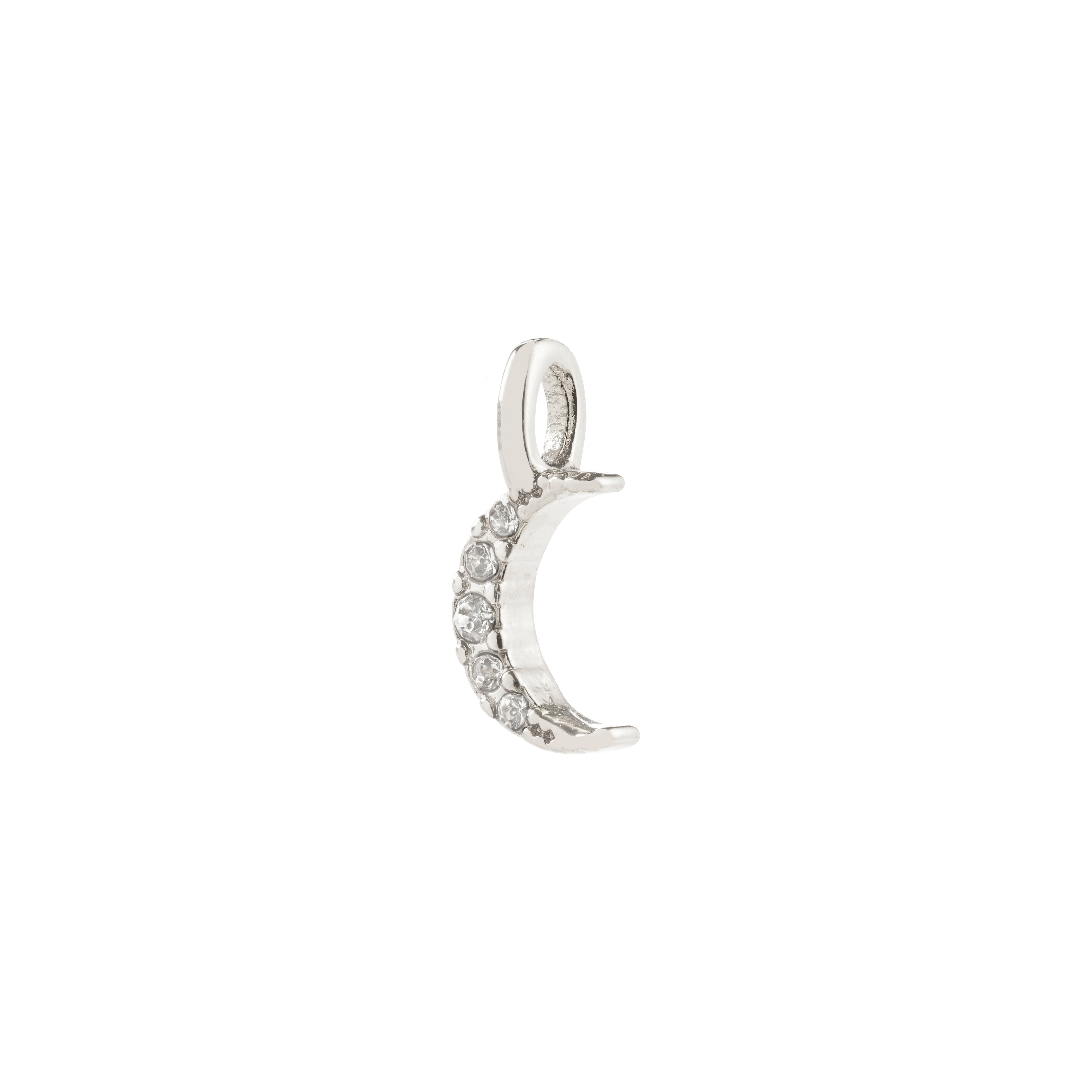 Silver-plated crescent moon pendant adorned with crystals, symbolizing mystical energy. Ideal for minimalist or layered styling. Crafted from 79% recycled materials.