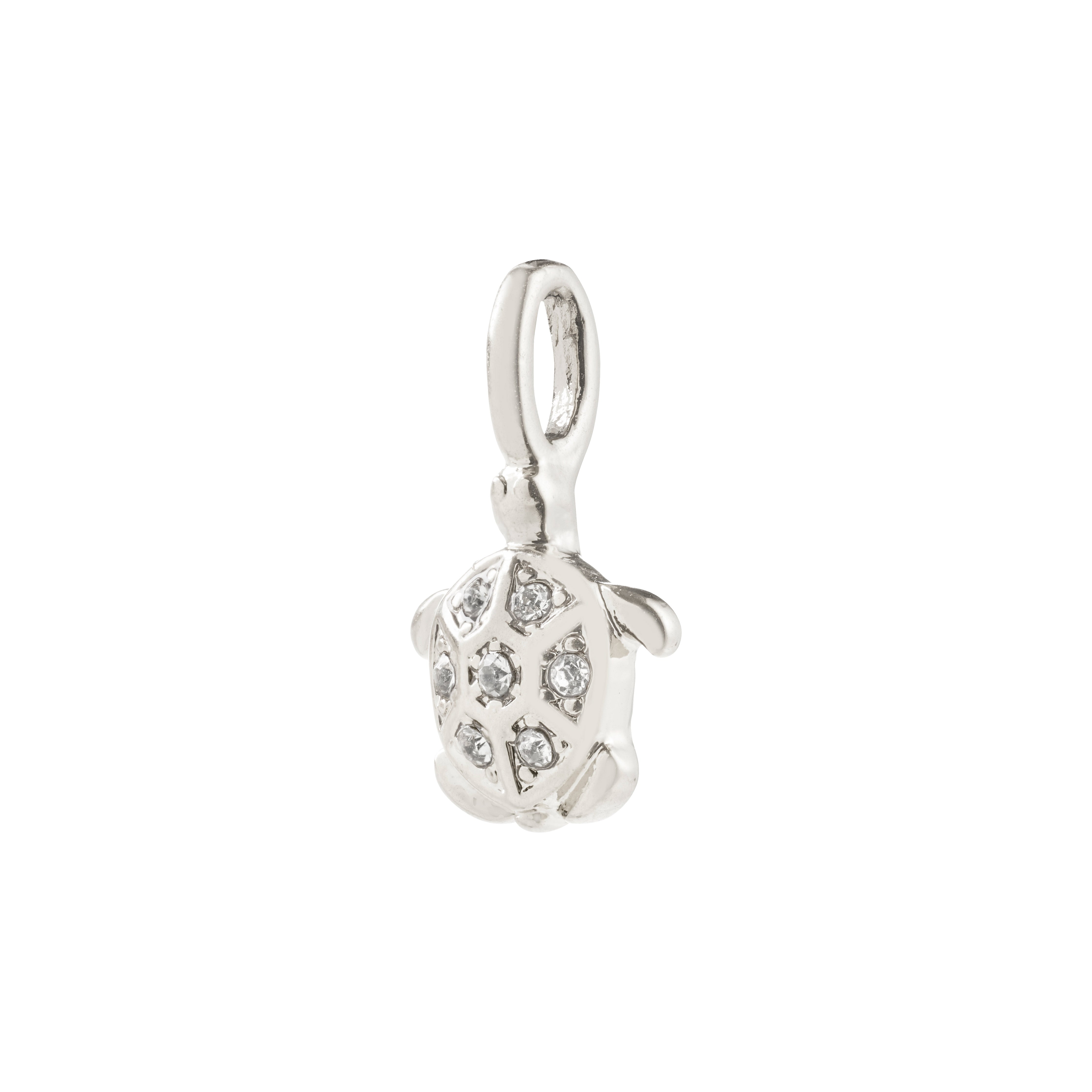 Silver-plated CHARM mini turtle pendant adorned with sparkling Preciosa crystals, representing fertility and longevity, crafted from 88% recycled materials by Pilgrim.