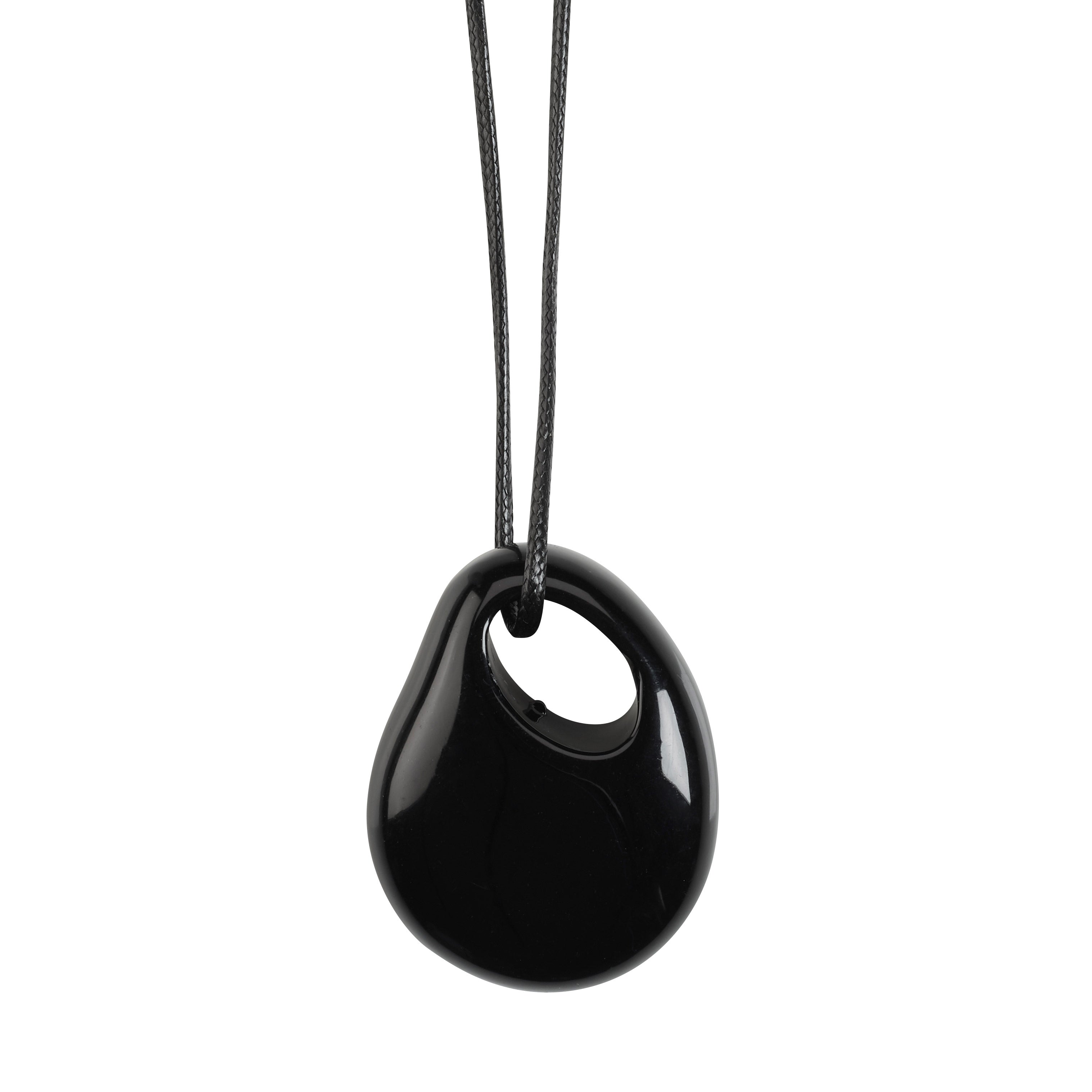 FREJA WEWER x PILGRIM Polpo necklace, black: A recycled black acrylic pendant styled as a hag stone on a long, adjustable black fabric cord.