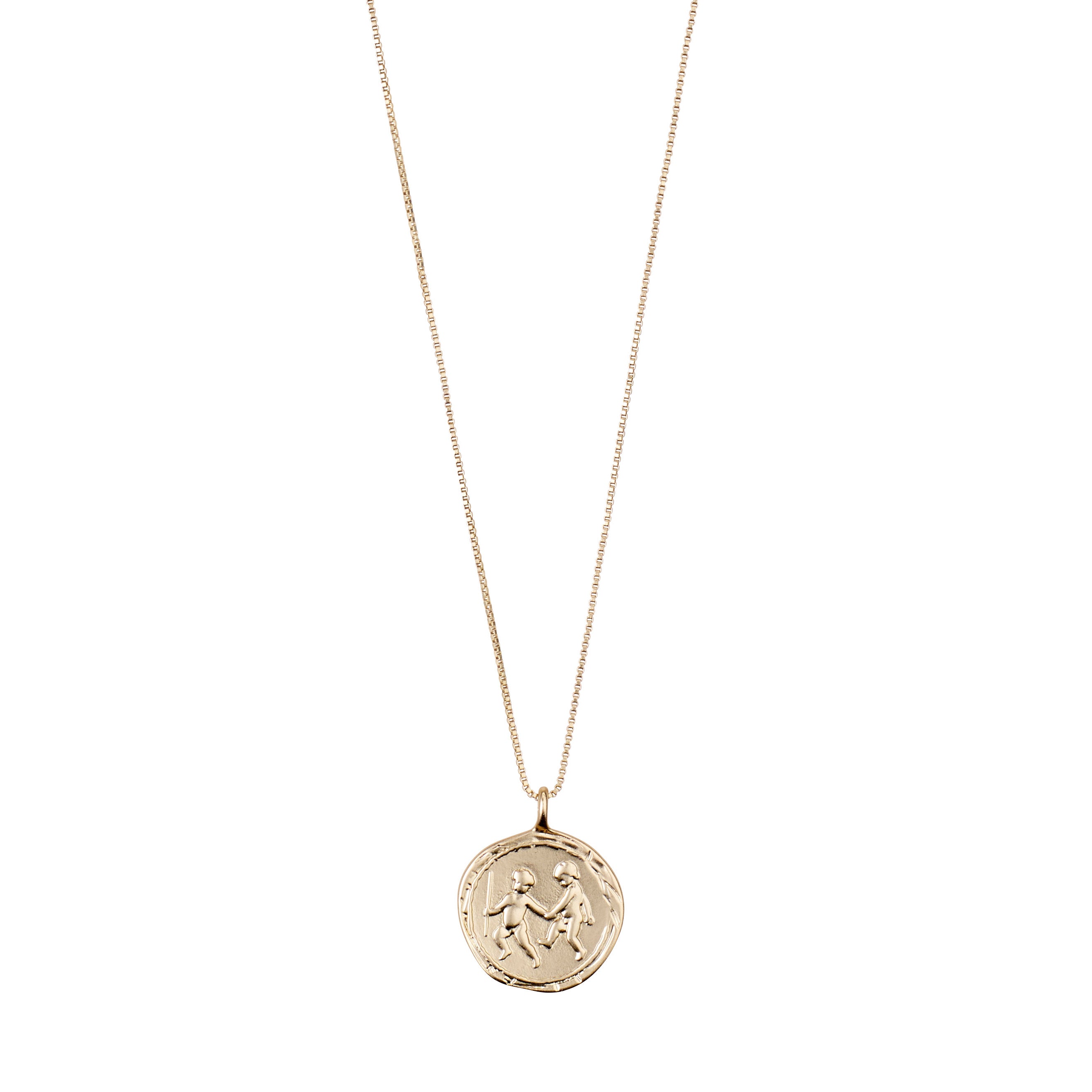 GEMINI Zodiac Sign Coin Necklace, gold-plated, featuring a double-sided pendant with zodiac motifs and crystal-studded constellation, on an adjustable chain.