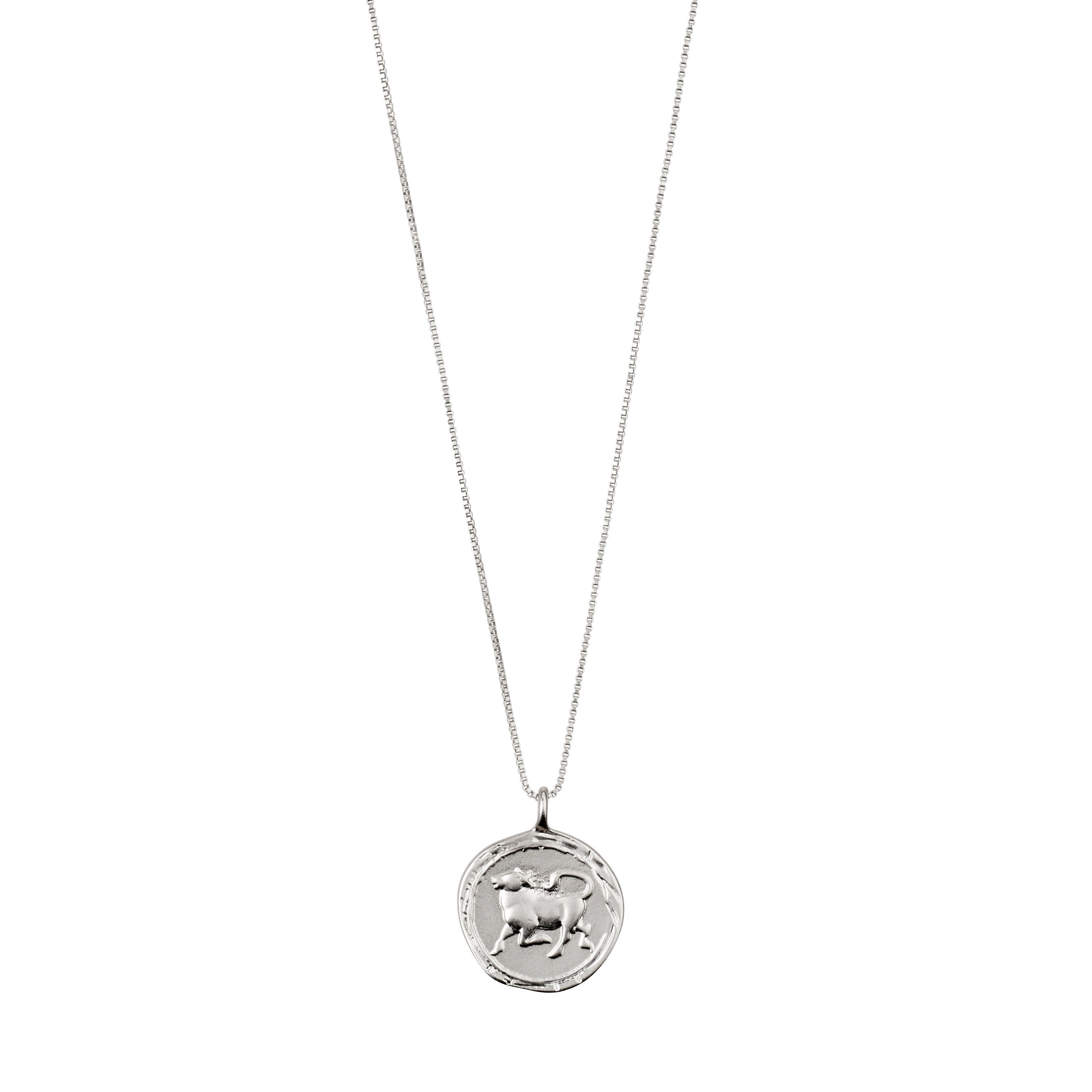 TAURUS Zodiac Sign Coin Necklace, silver-plated, features a double-sided pendant with a zodiac motif and crystal constellation on an adjustable chain.