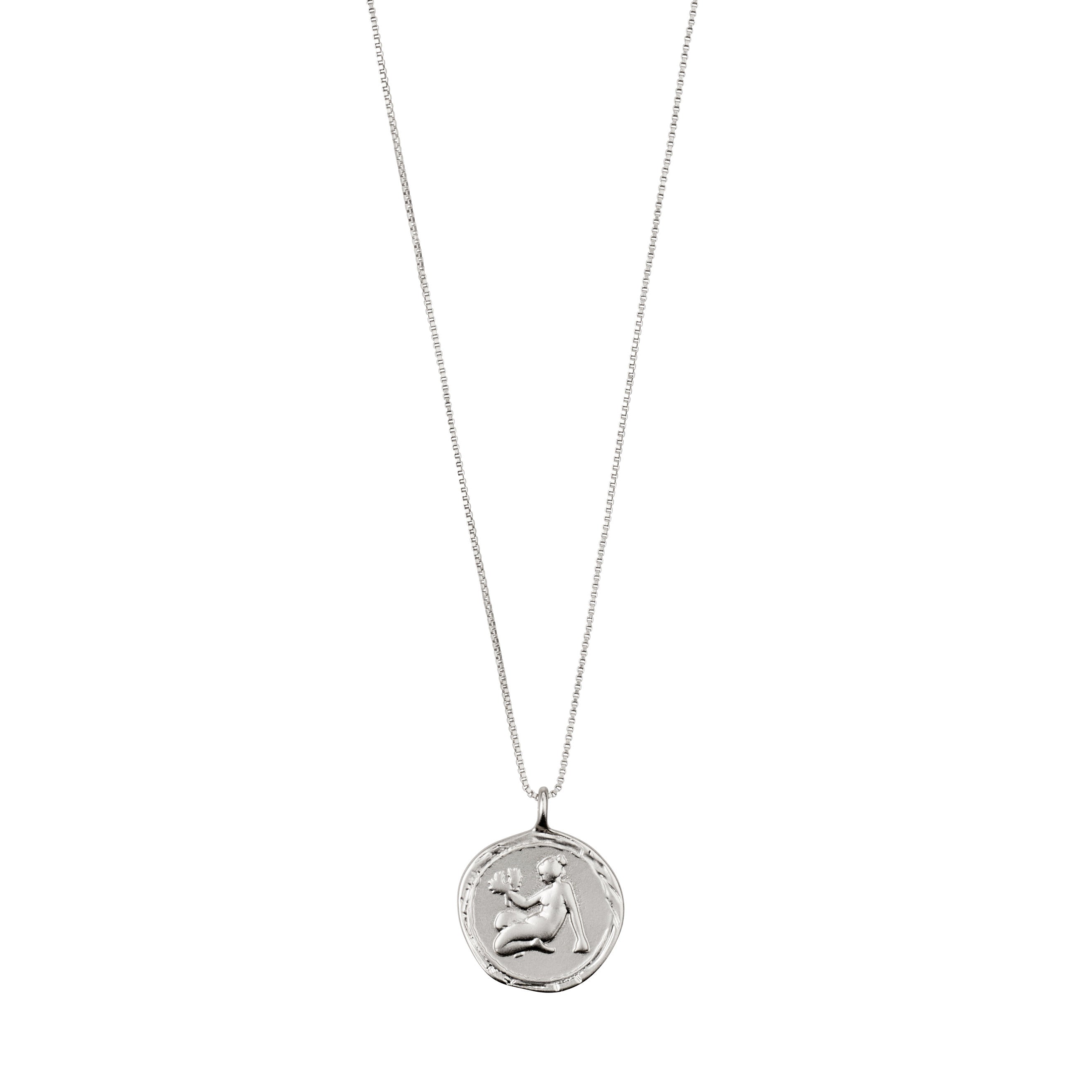 VIRGO Zodiac Sign Coin Necklace, silver-plated, featuring a double-sided pendant with zodiac motif and star constellation in crystals, on an adjustable 40 cm chain.