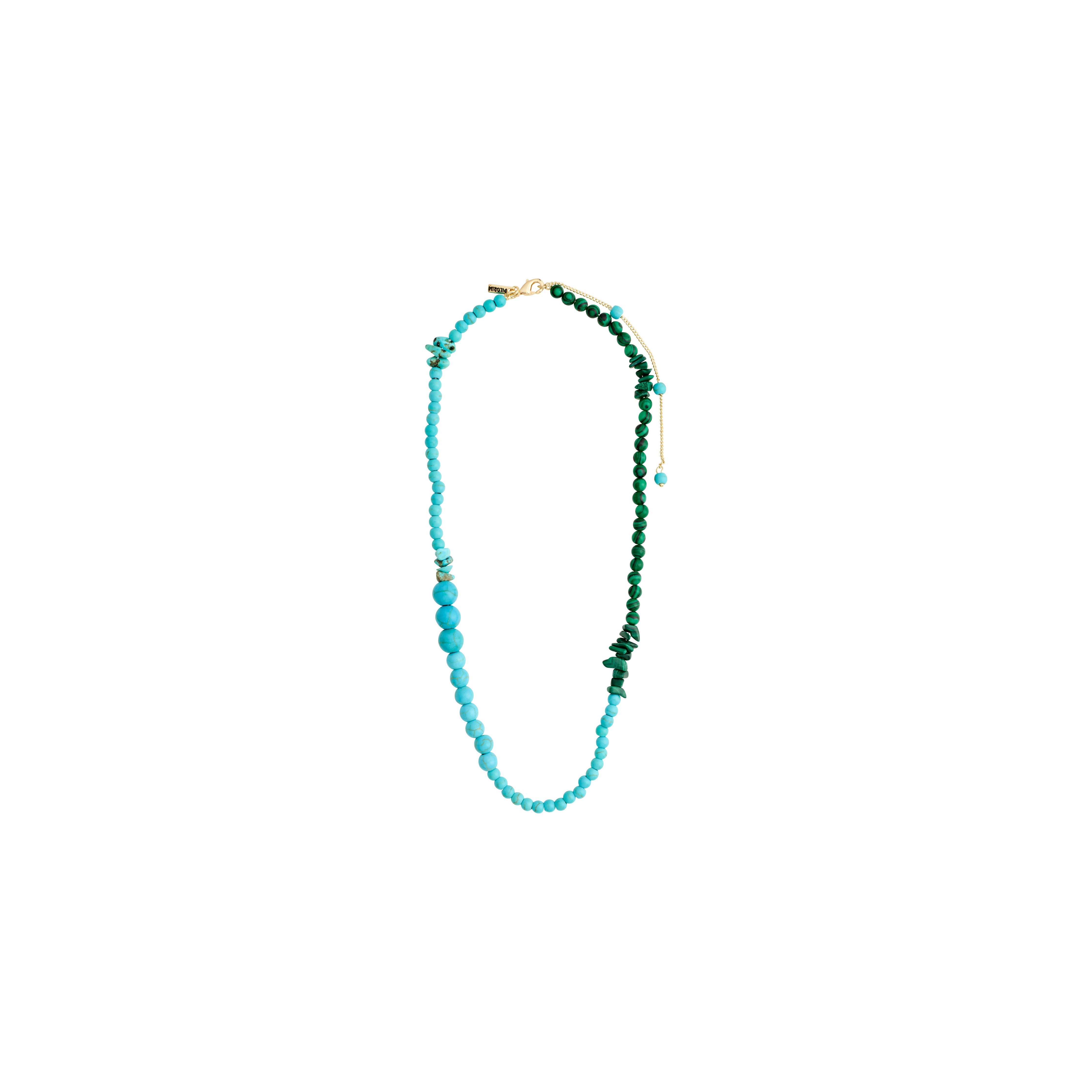 SOULMATES necklace blue/gold-plated features genuine turquoise and malachite stones, offering an asymmetrical design that embodies balance and power.