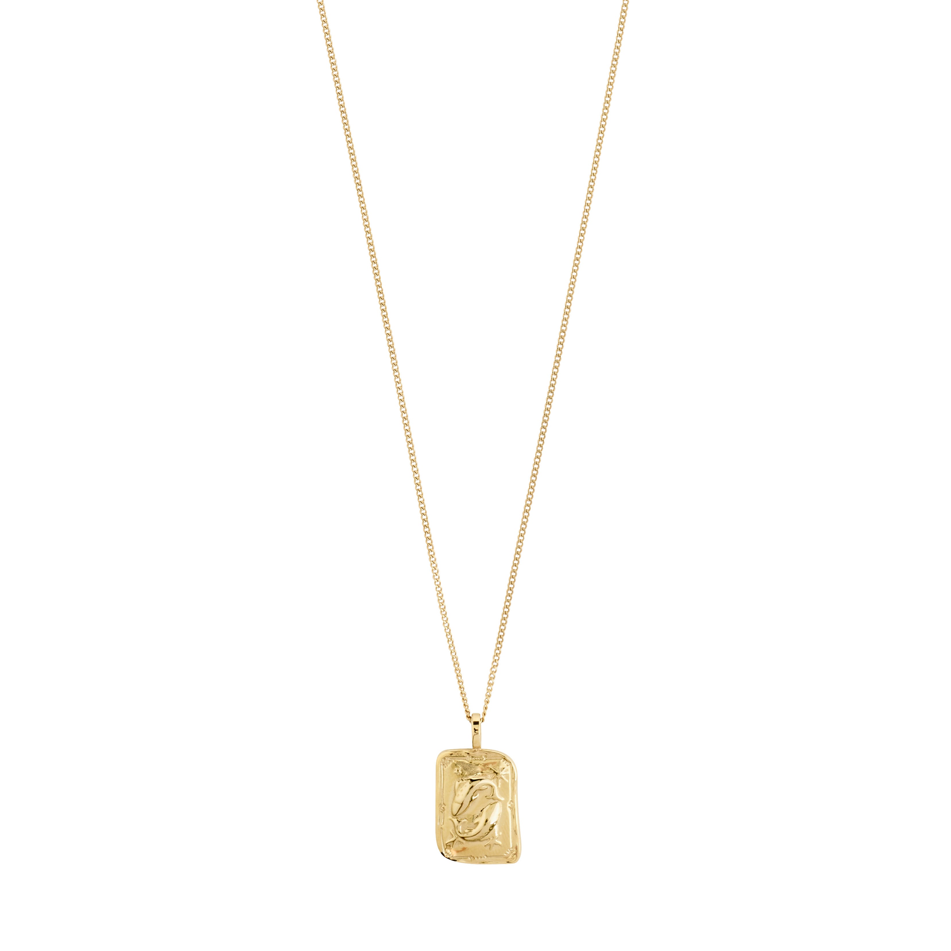 PISCES Zodiac Sign necklace, gold-plated, featuring a dual-design square coin pendant with Pisces motif and sparkling constellation, on a recycled, adjustable chain.