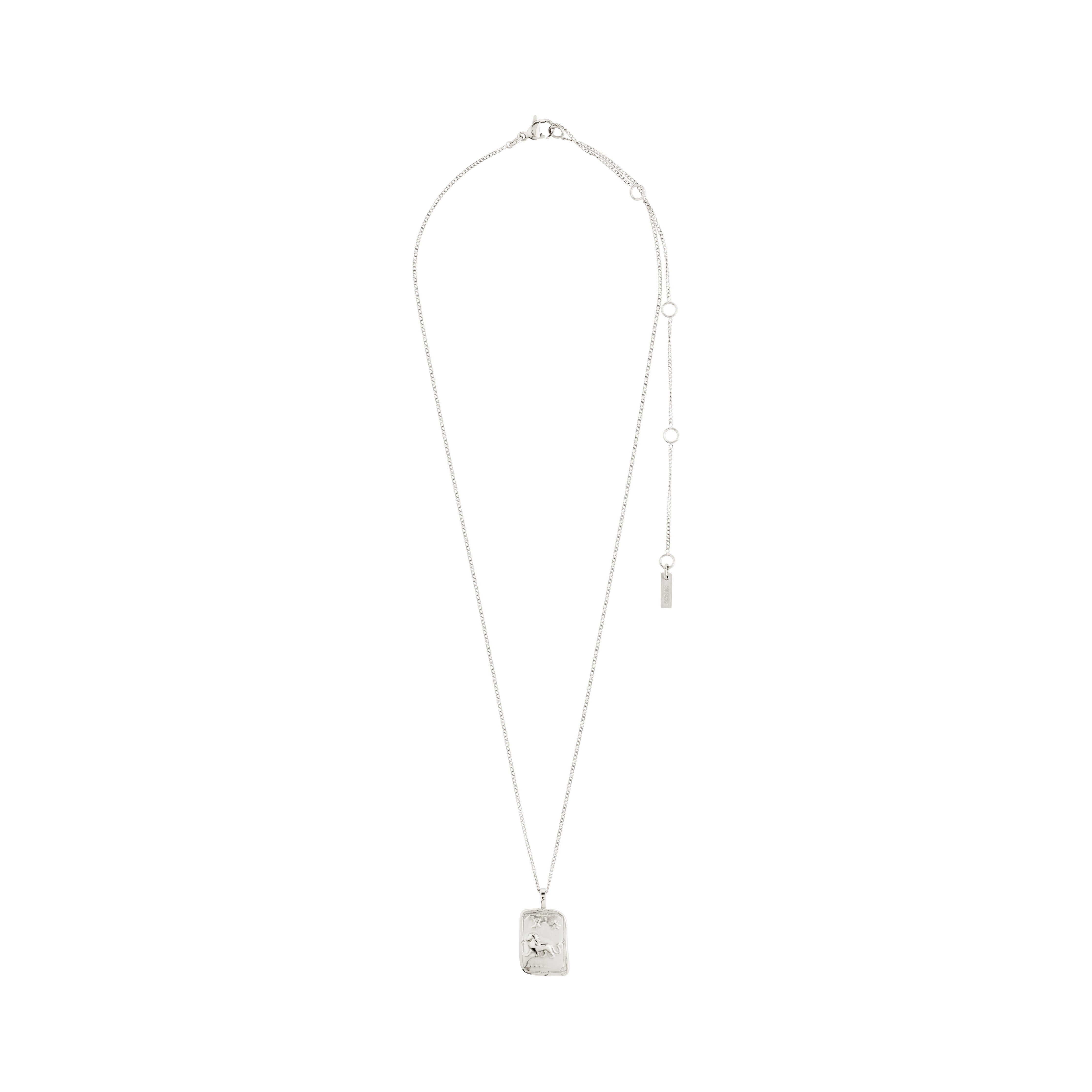 LEO Zodiac Sign necklace, silver-plated, features a dual-design square coin pendant with zodiac motif and constellation; includes a 40 cm chain plus 12 cm extension.