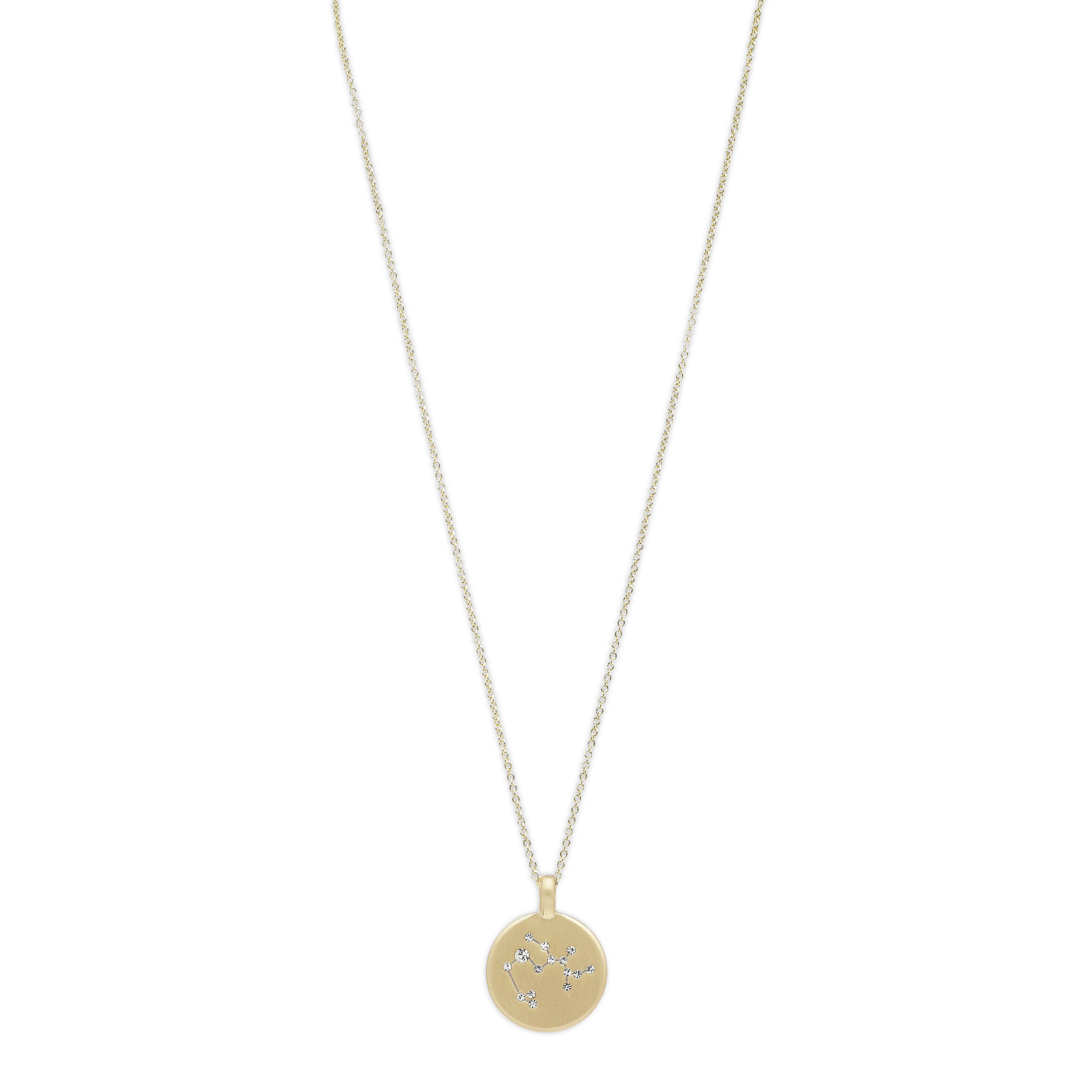 SAGITTARIUS Zodiac Sign Coin Necklace, gold-plated with a round pendant featuring crystal stones depicting the Sagittarius star sign, on a delicate gold chain.