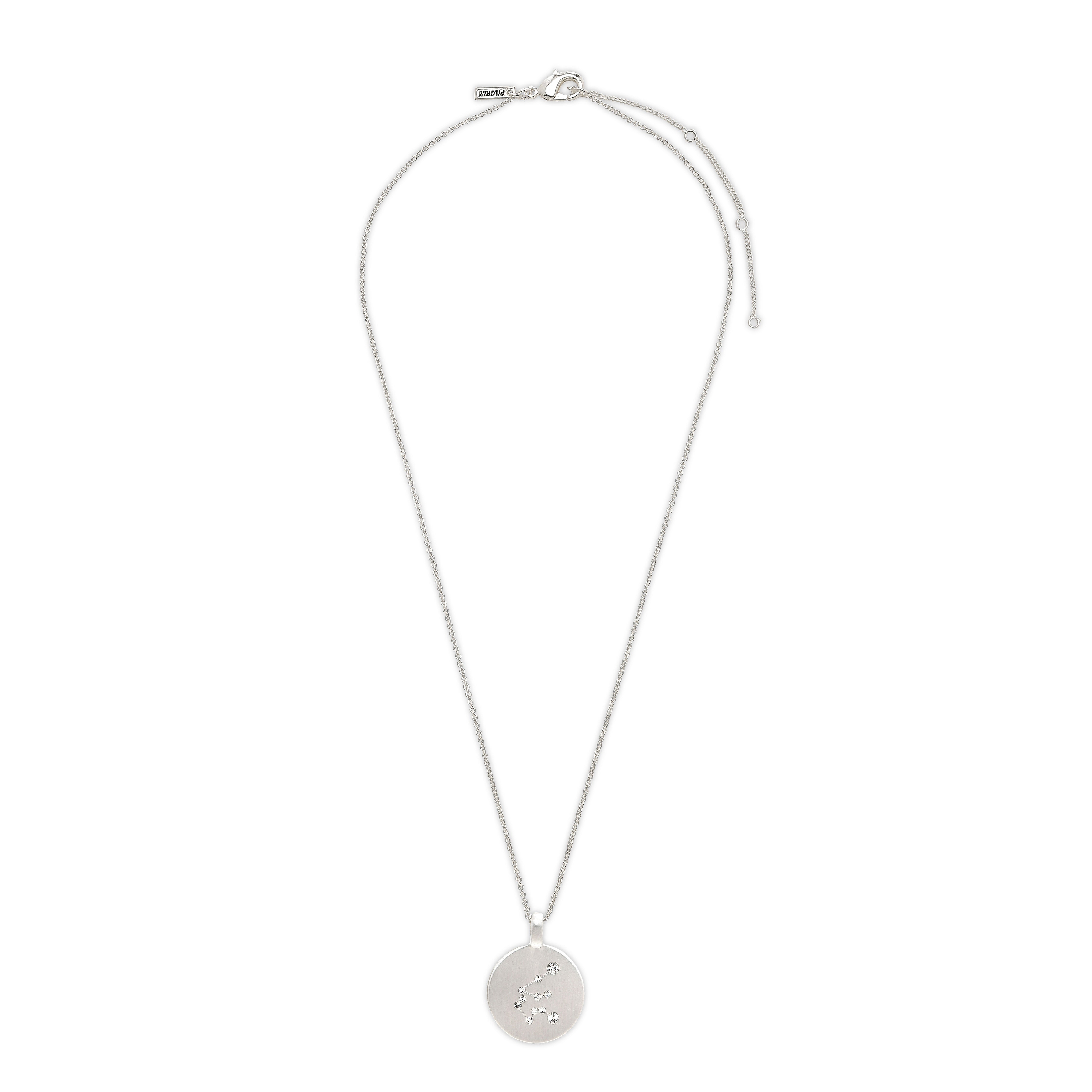 AQUARIUS Zodiac Sign Coin Necklace, silver-plated, featuring a round pendant adorned with crystal stones, reflecting timeless Scandinavian craftsmanship and contemporary style.