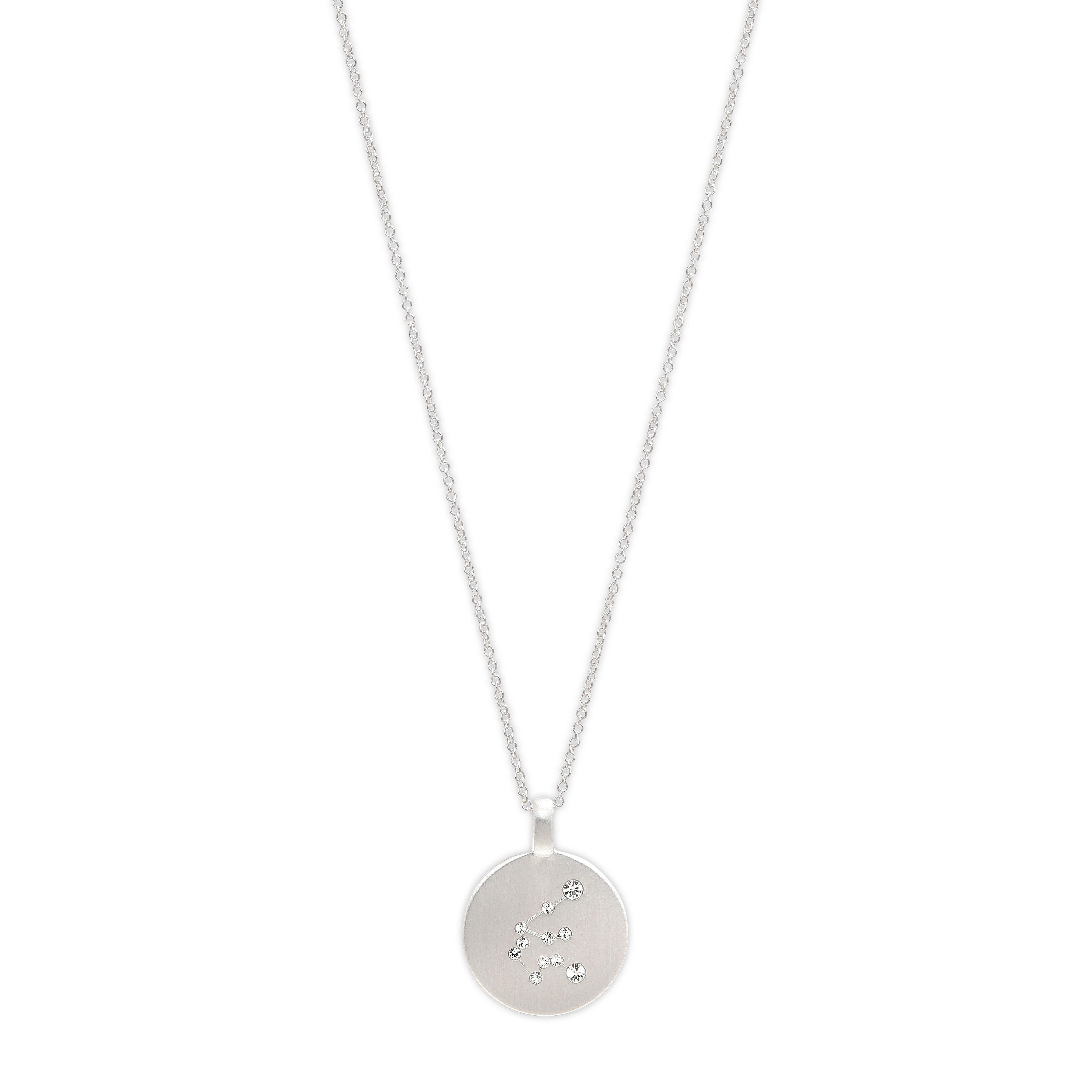 AQUARIUS Zodiac Sign Coin Necklace, silver-plated, featuring a round pendant with crystal stones depicting the Aquarius star sign. Perfect for trendsetters seeking unique personal style.