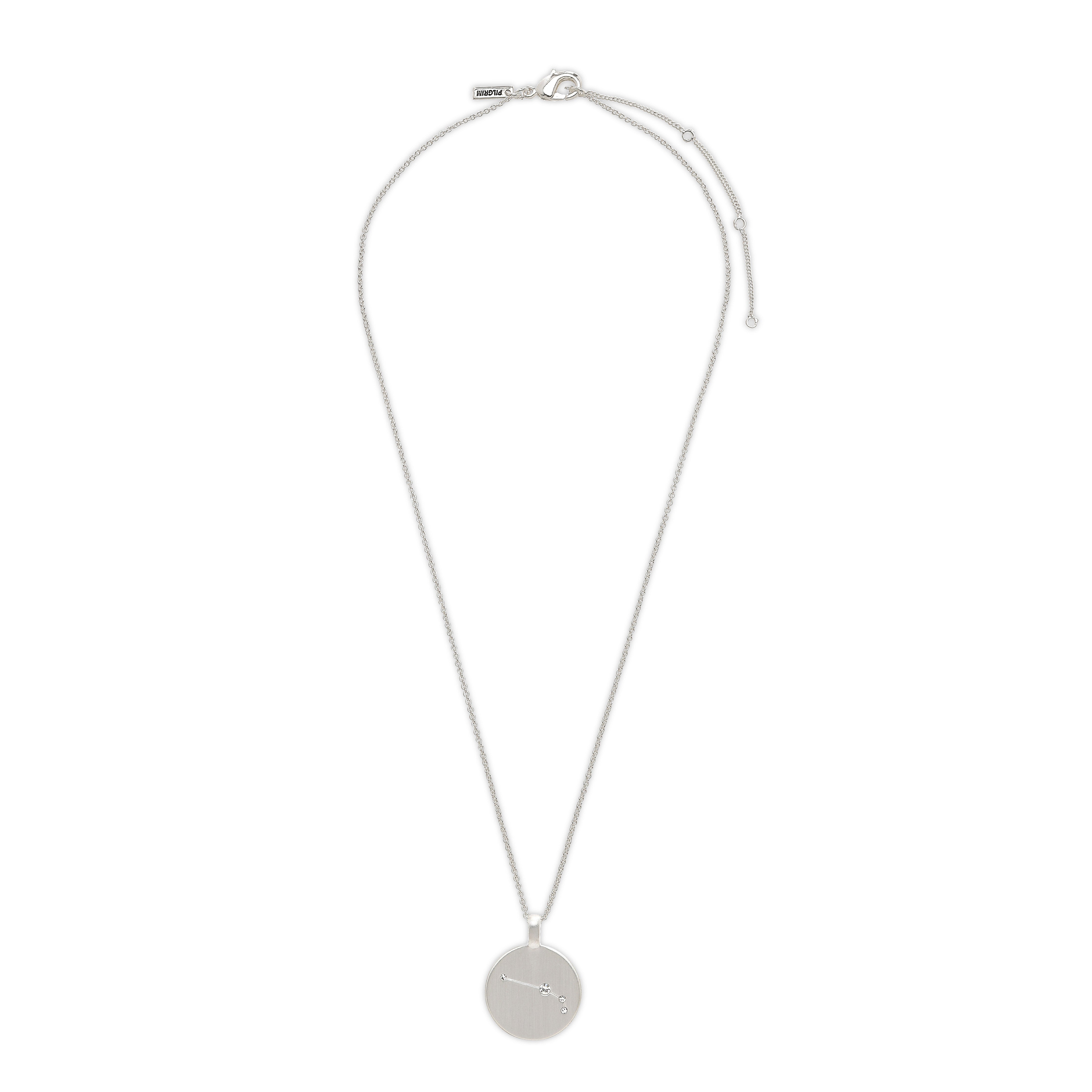 ARIES Zodiac Sign Coin Necklace, silver-plated, featuring a round pendant with Aries constellation adorned with crystal stones on a delicate silver chain.