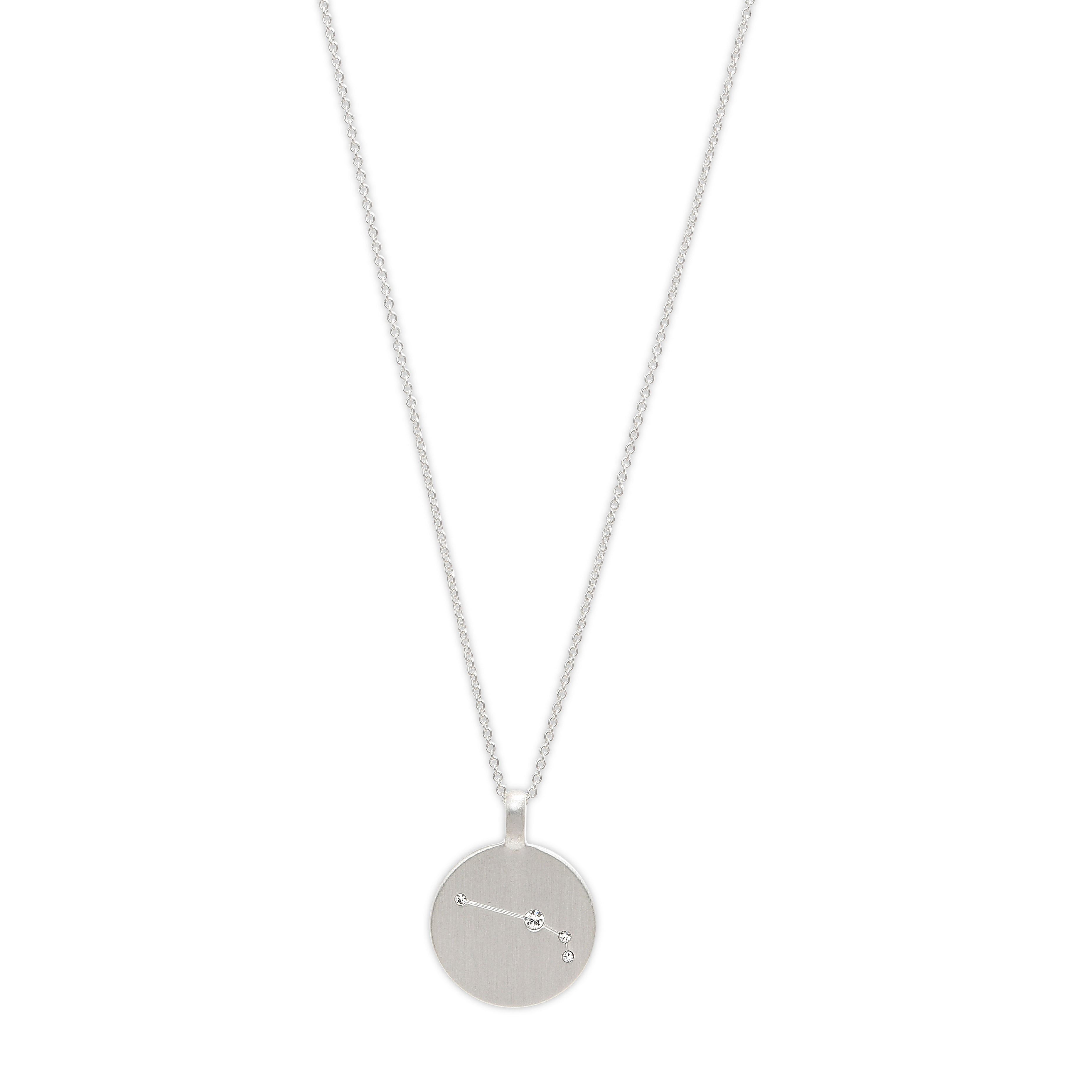 ARIES Zodiac Sign Coin Necklace, silver-plated, featuring a round pendant with crystal stones forming the Aries constellation on a matte-finish chain.
