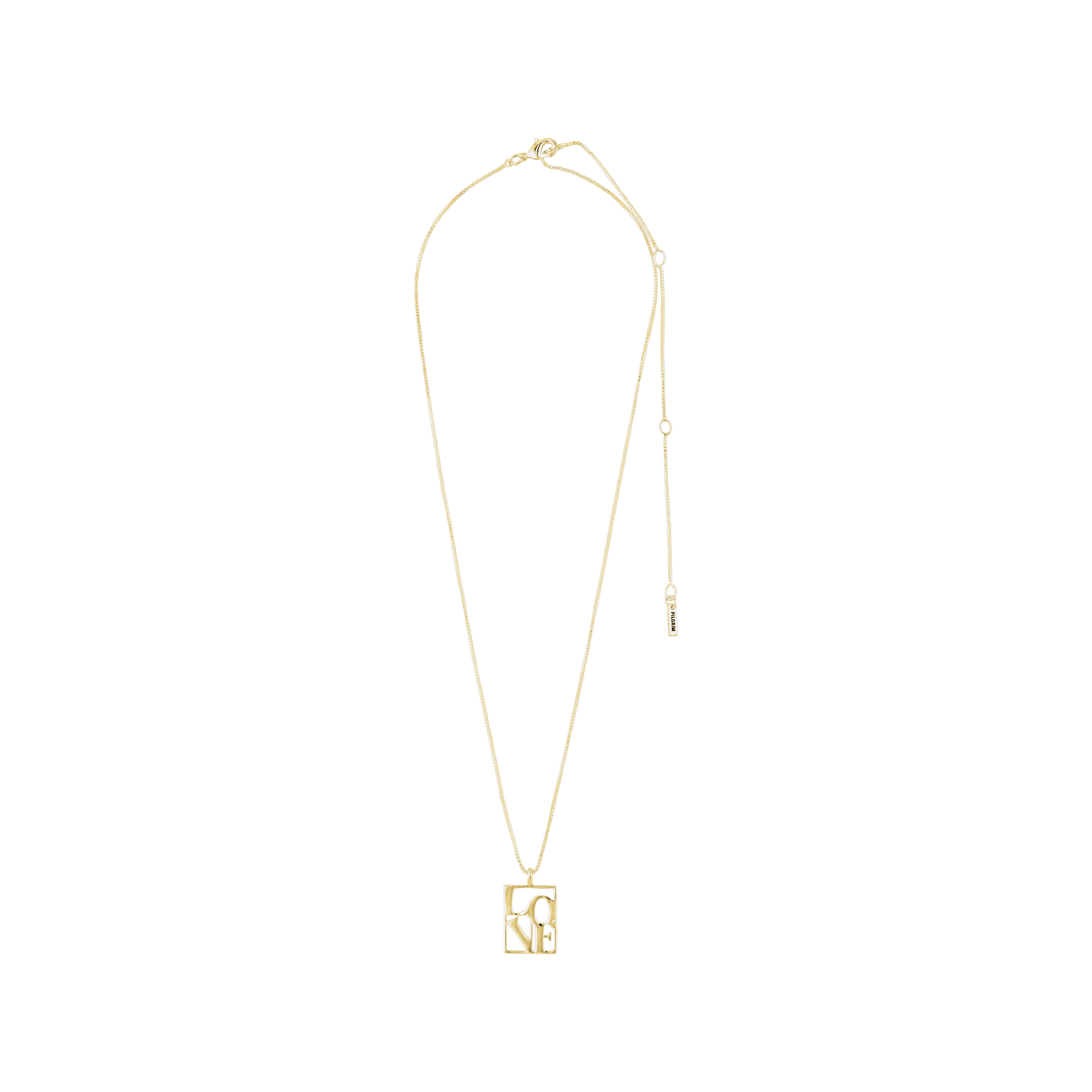 Gold-plated LOVE TAG necklace with square pendant inscribed with LOVE on a delicate chain, adjustable length, crafted sustainably by Pilgrim.